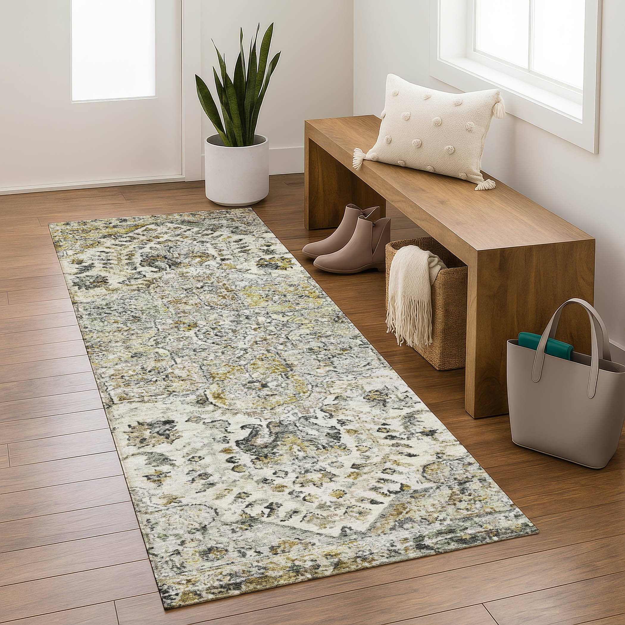 Bogota Machine Washable Traditional Beige Brown Rug 2'3" x 7'6" #shape_Runner
