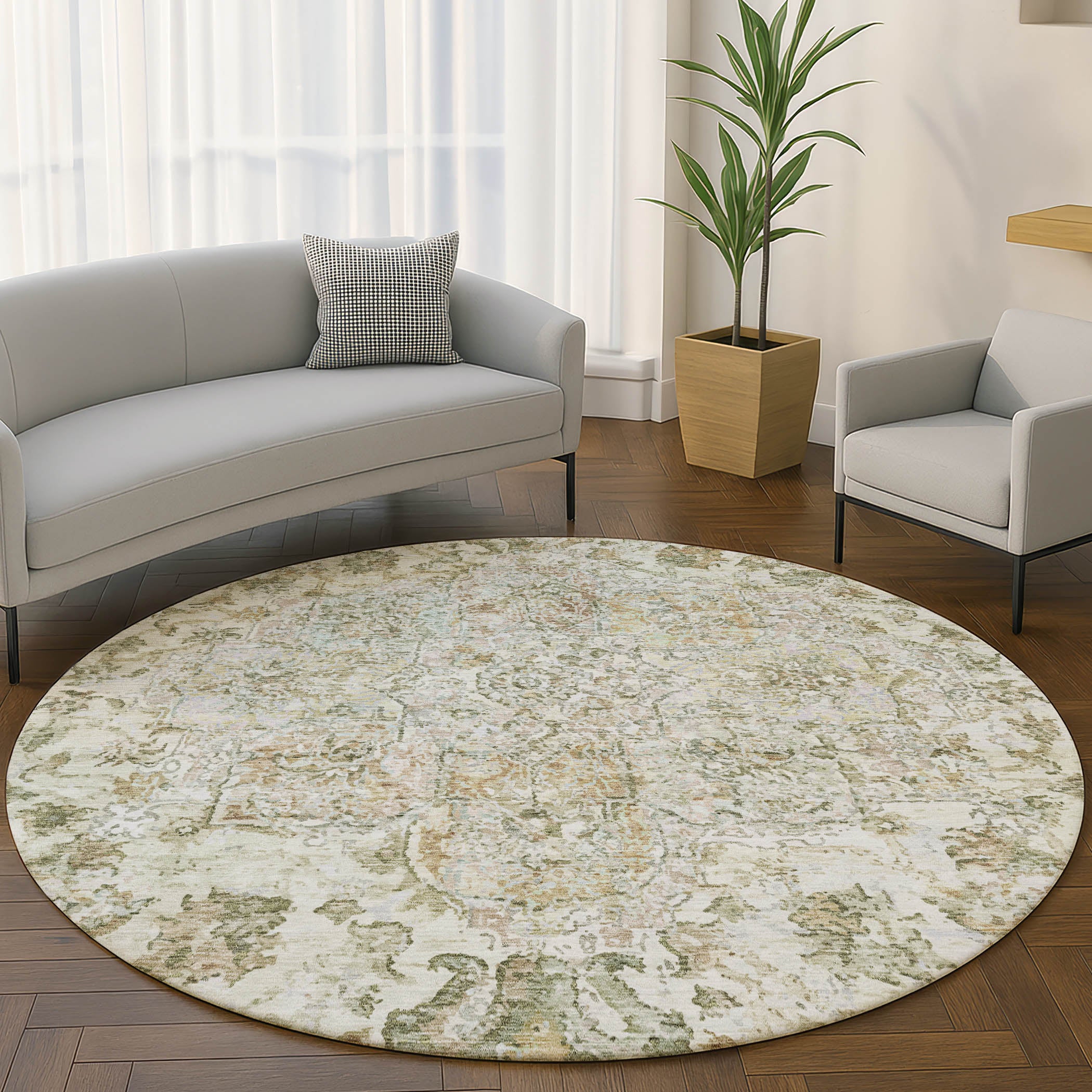 Bogota Machine Washable Traditional Ivory Rug 8' x 8' #shape_Round