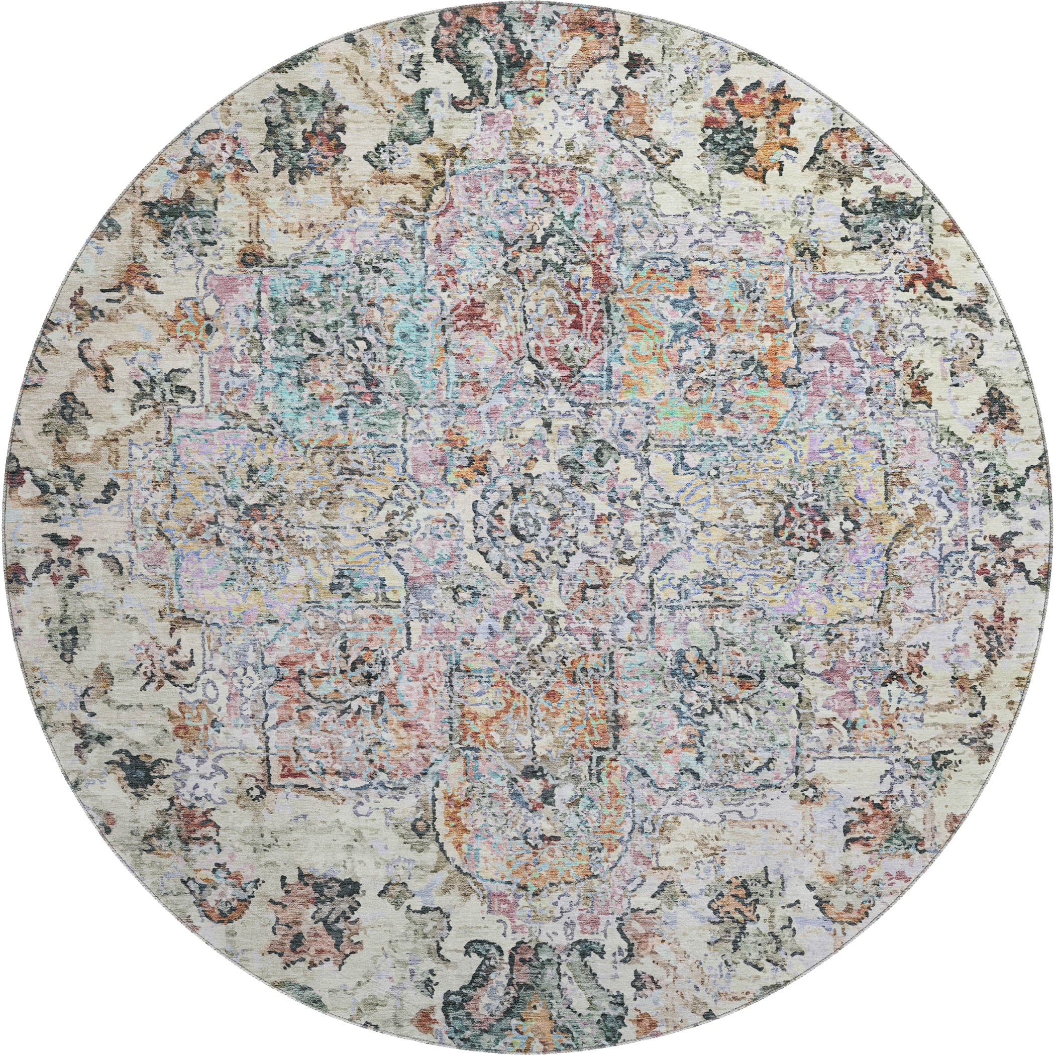 Bogota Machine Washable Traditional Sage Green Rug 8' x 8' #shape_Round