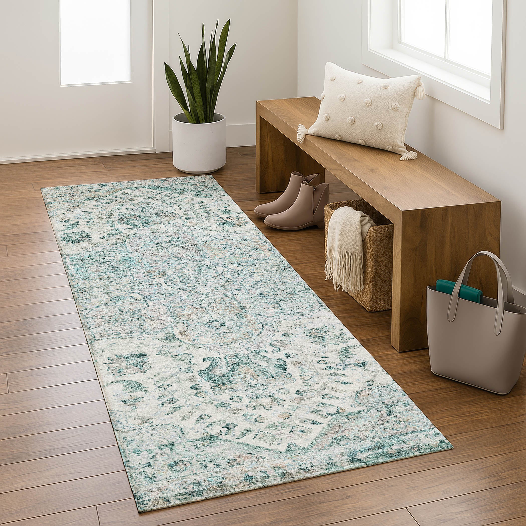 Bogota Machine Washable Traditional Teal Rug 2'3" x 7'6" #shape_Runner