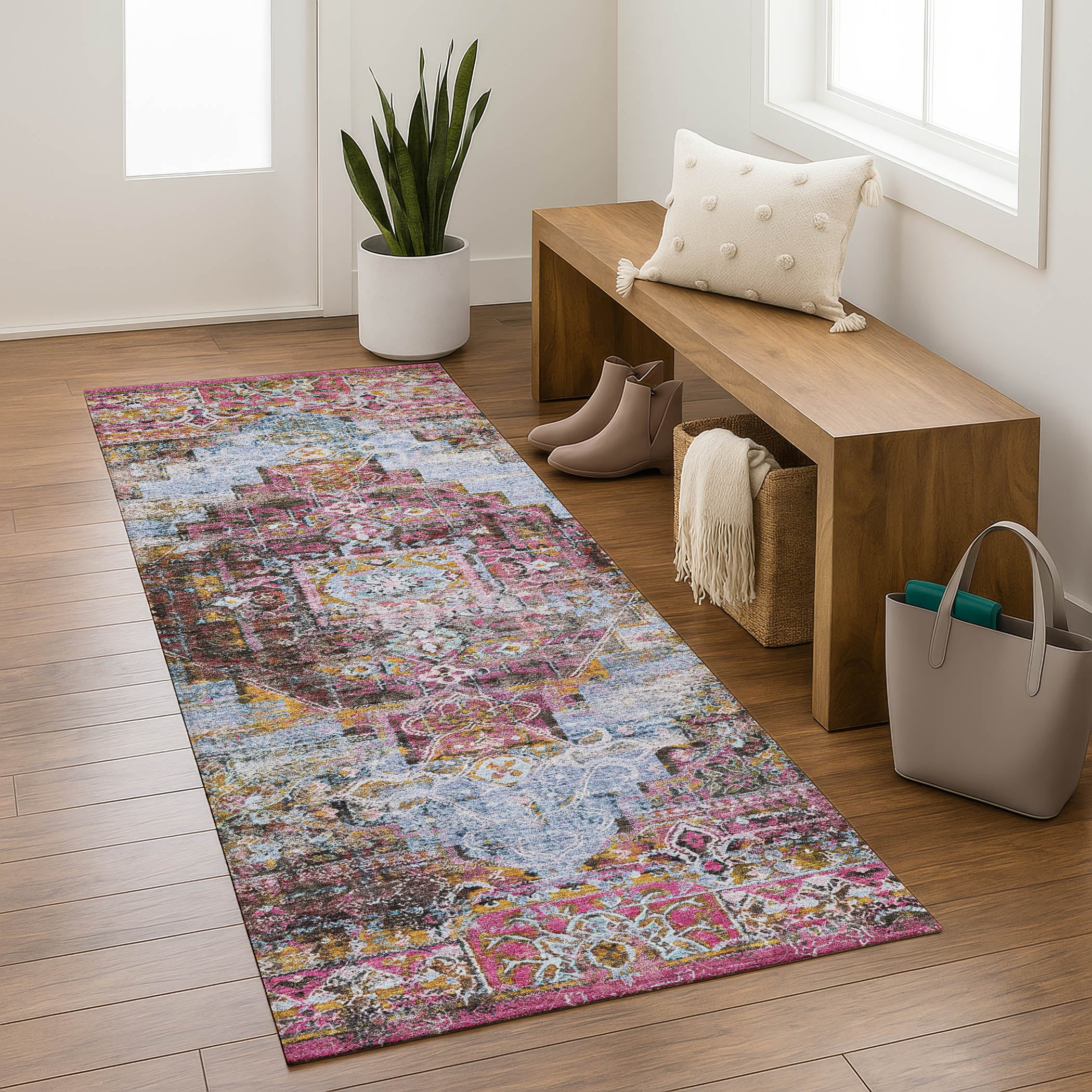Hoi An Machine Washable Traditional Pink Rug 2'3" x 7'6" #shape_Runner