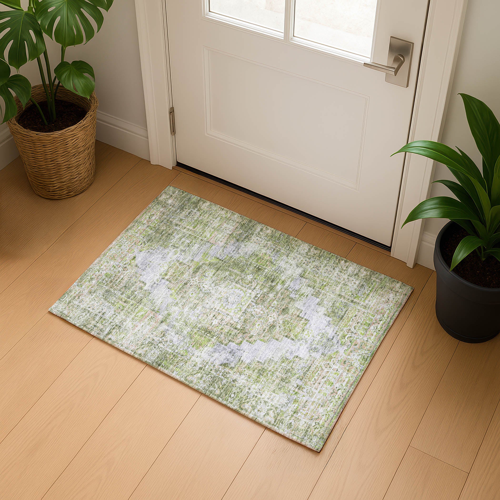 Hoi An Machine Washable Traditional Aloe Green Rug 1'8" x 2'6" #shape_Rectangle