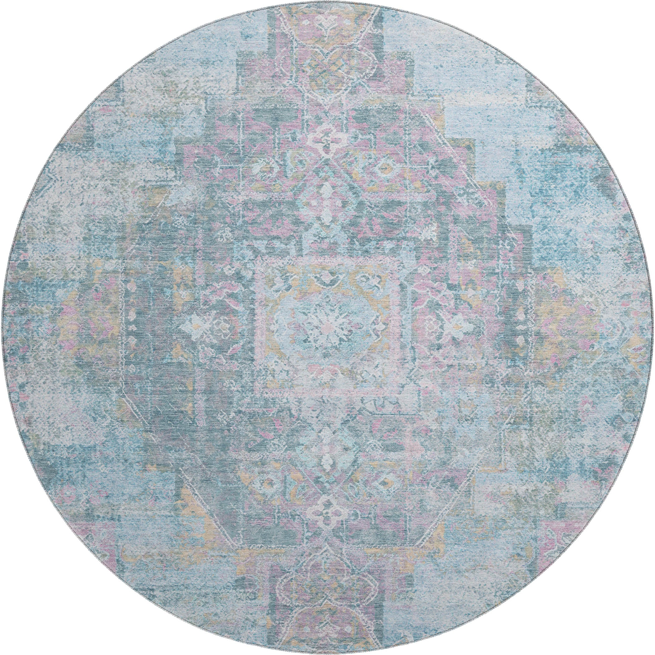 Hoi An Machine Washable Traditional Blue Rug 8' x 8' #shape_Round
