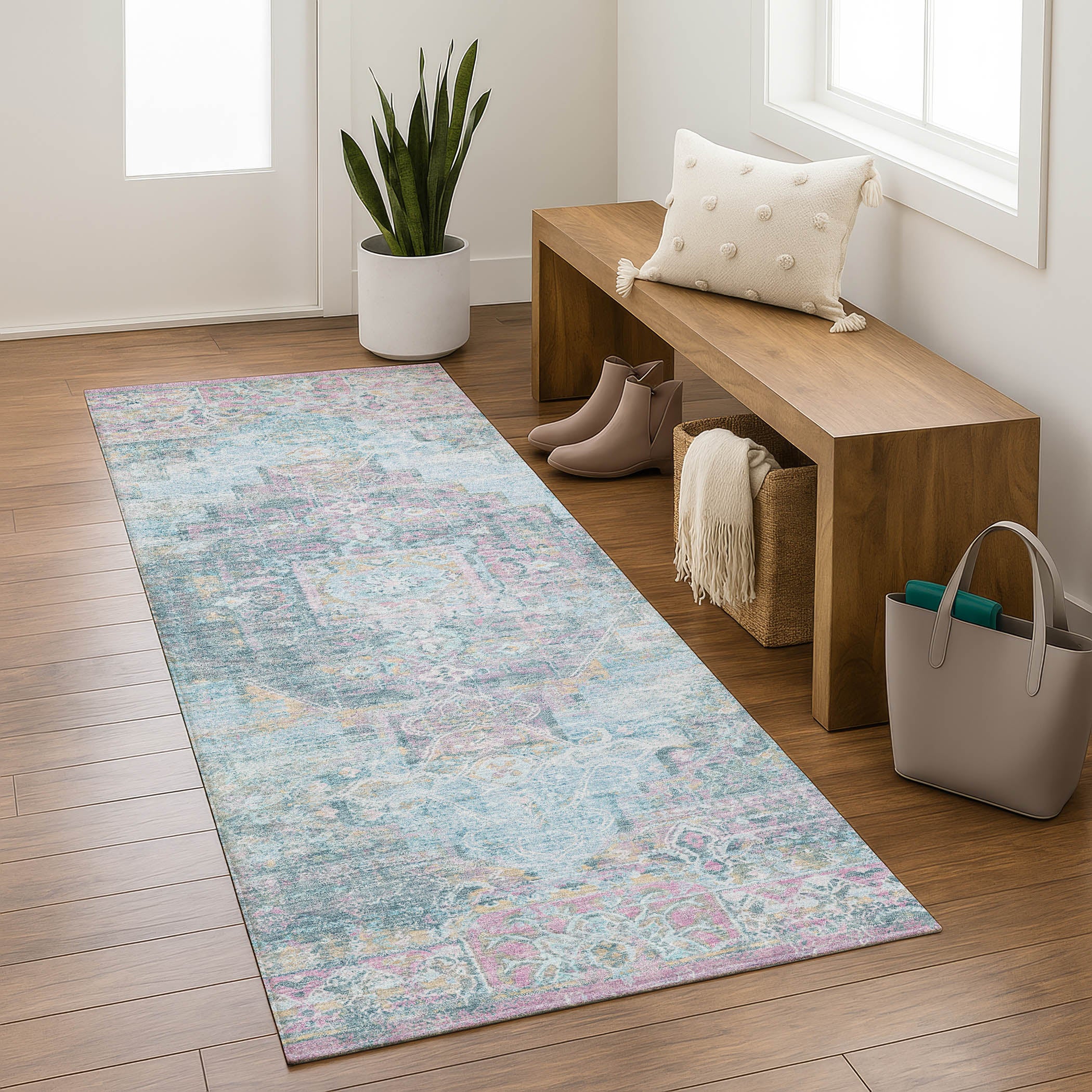 Hoi An Machine Washable Traditional Blue Rug 2'3" x 7'6" #shape_Runner