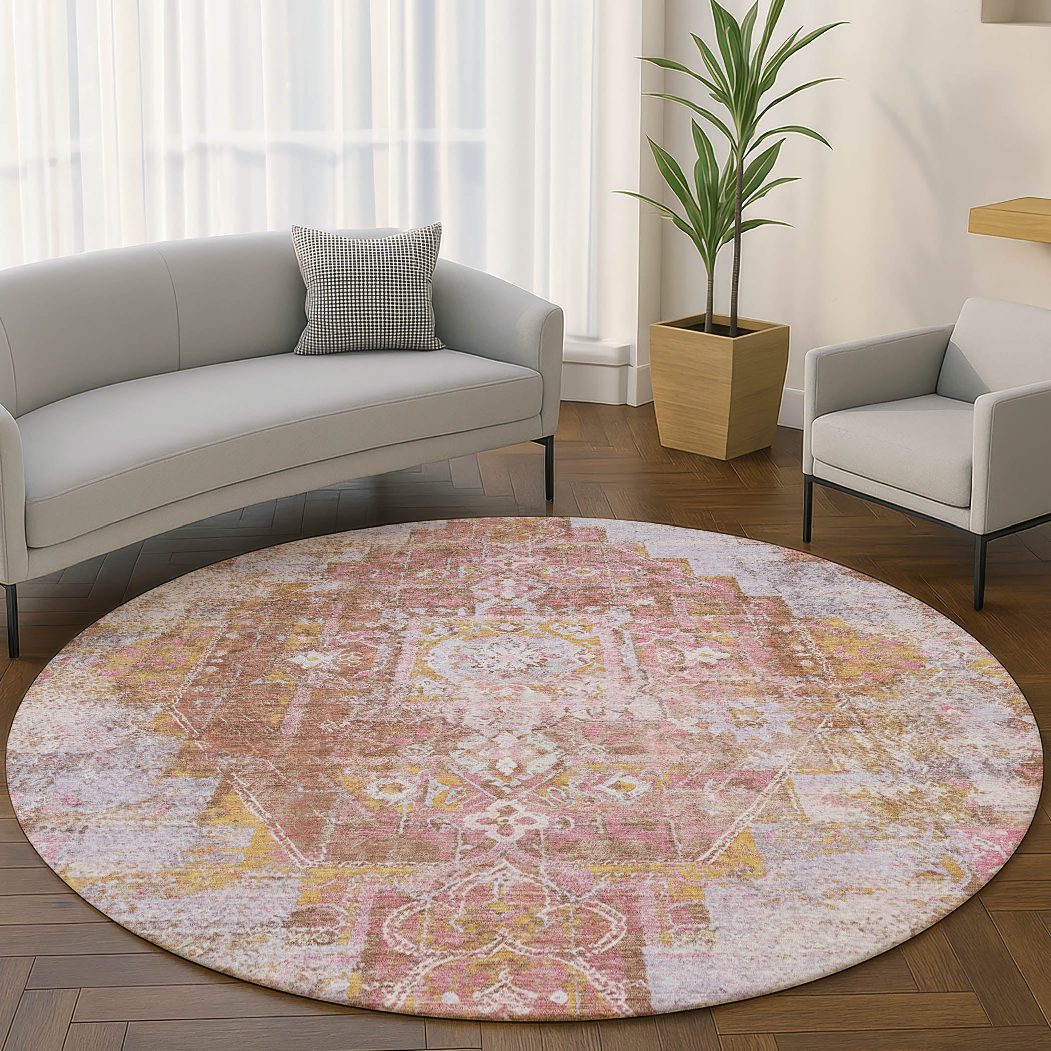 Hoi An Machine Washable Traditional Blush Pink Rug 8' x 8' #shape_Round