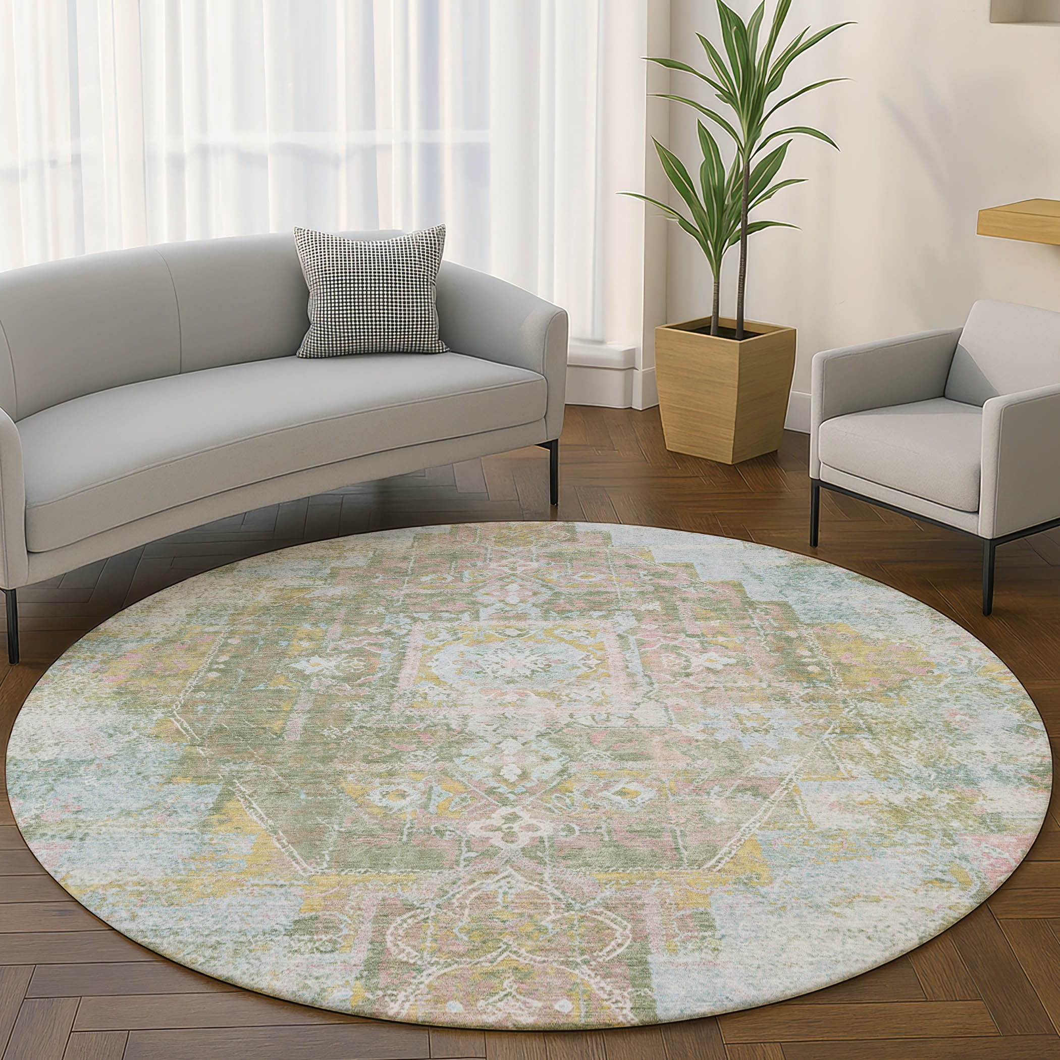 Hoi An Machine Washable Traditional Green Rug 8' x 8' #shape_Round