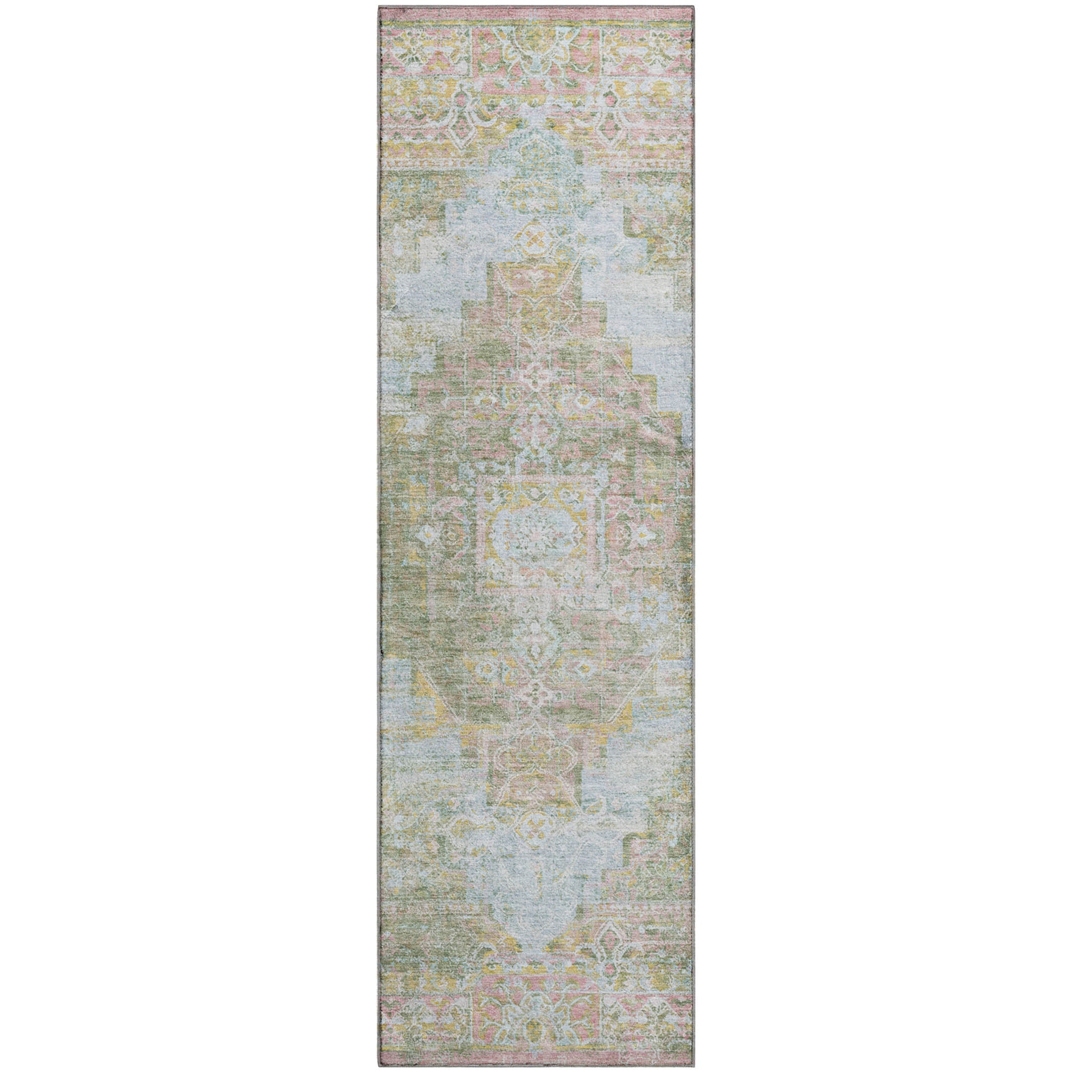 Hoi An Machine Washable Traditional Green Rug 2'3" x 7'6" #shape_Runner