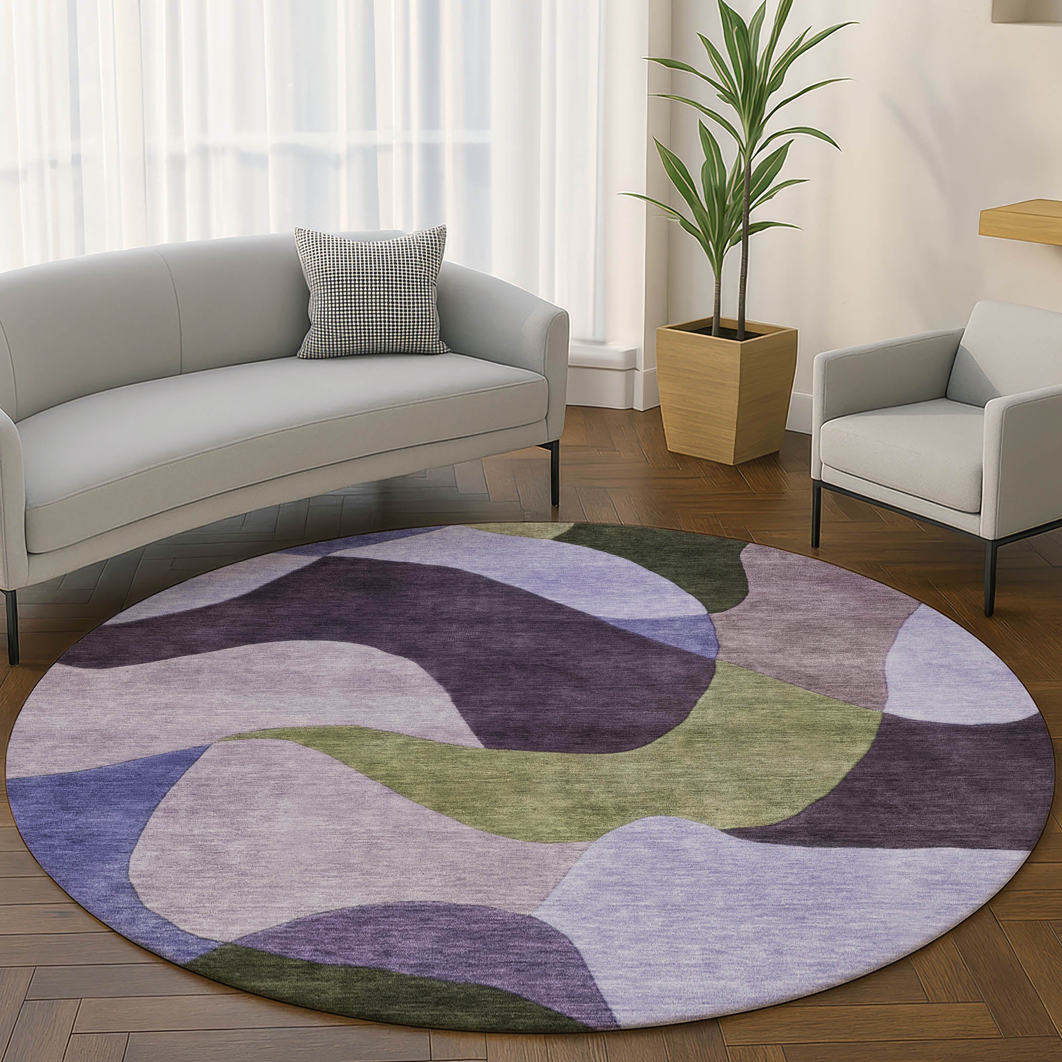 Bangkok Machine Washable Transitional Purple Rug 8' x 8' #shape_Round