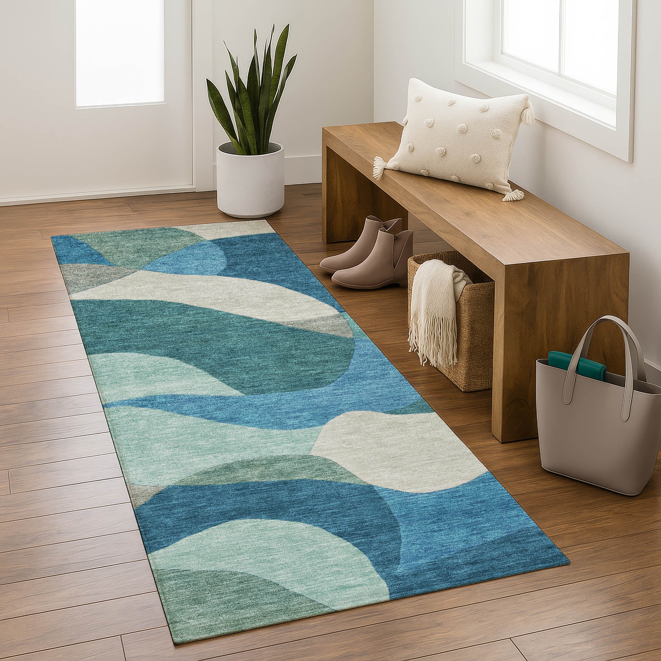 Bangkok Machine Washable Transitional Teal Rug 2'3" x 7'6" #shape_Runner