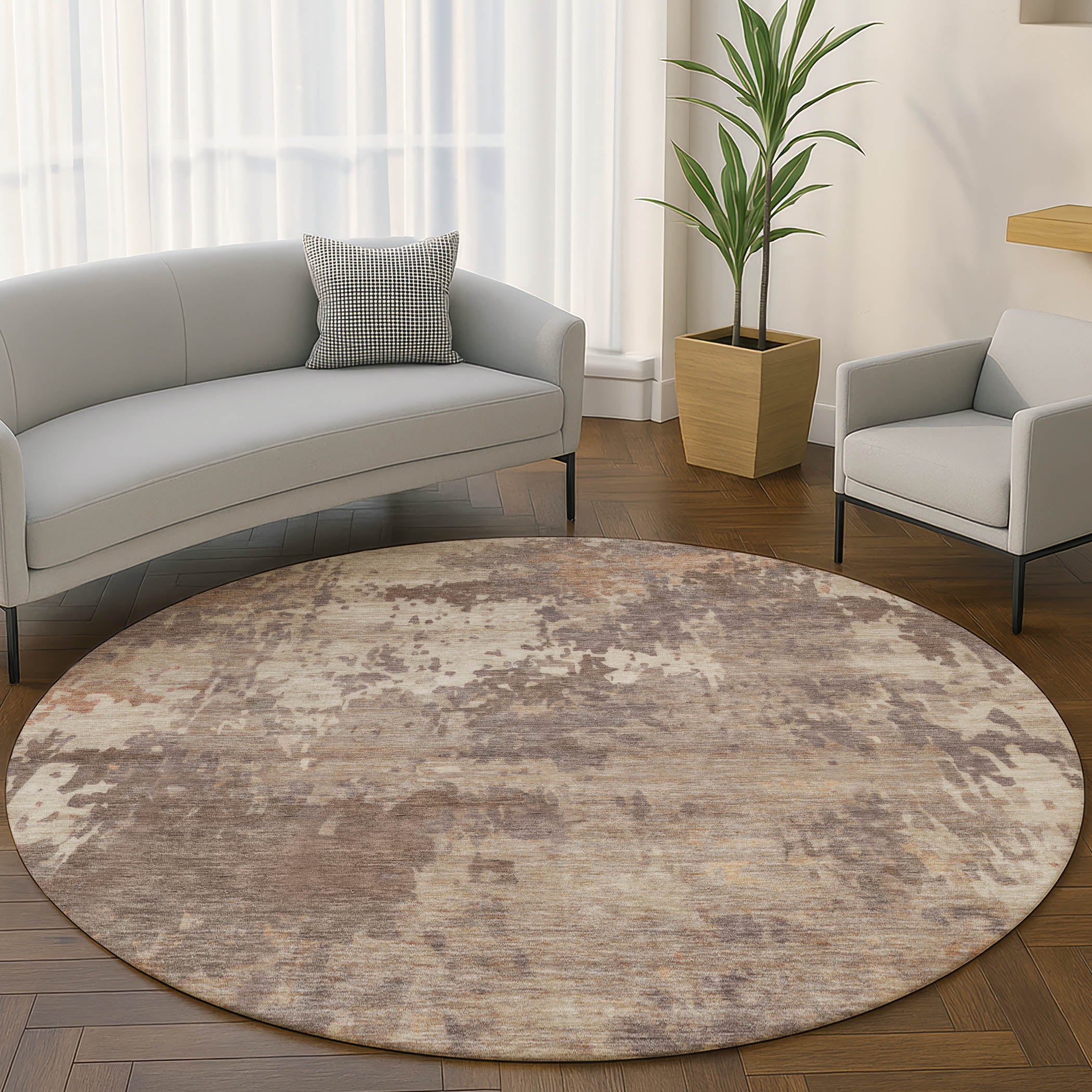 Antigua Machine Washable Transitional Brown Rug 8' x 8' #shape_Round