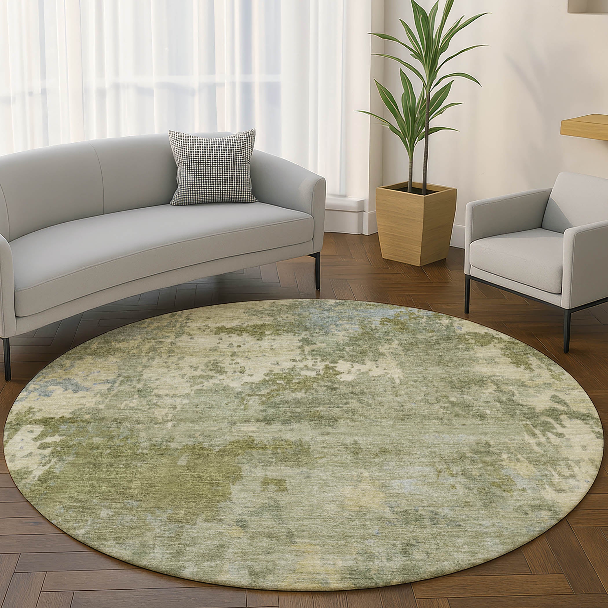 Antigua Machine Washable Transitional Green Rug 8' x 8' #shape_Round