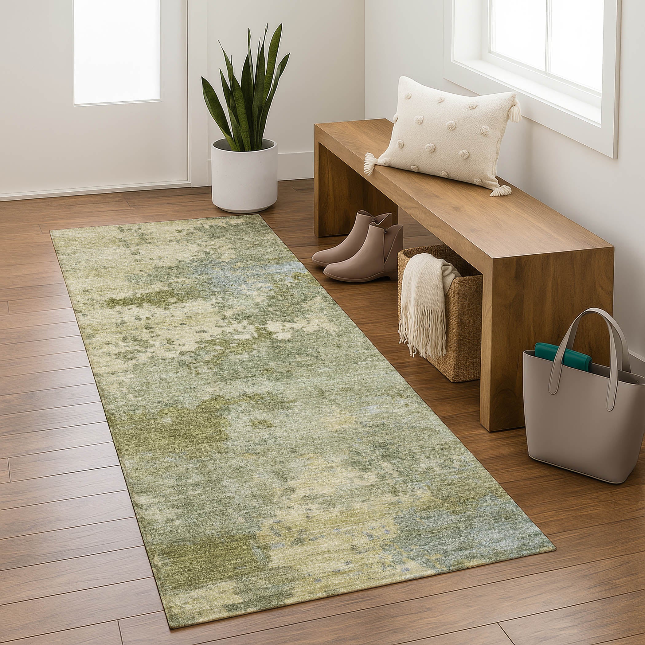 Antigua Machine Washable Transitional Green Rug 2'3" x 7'6" #shape_Runner