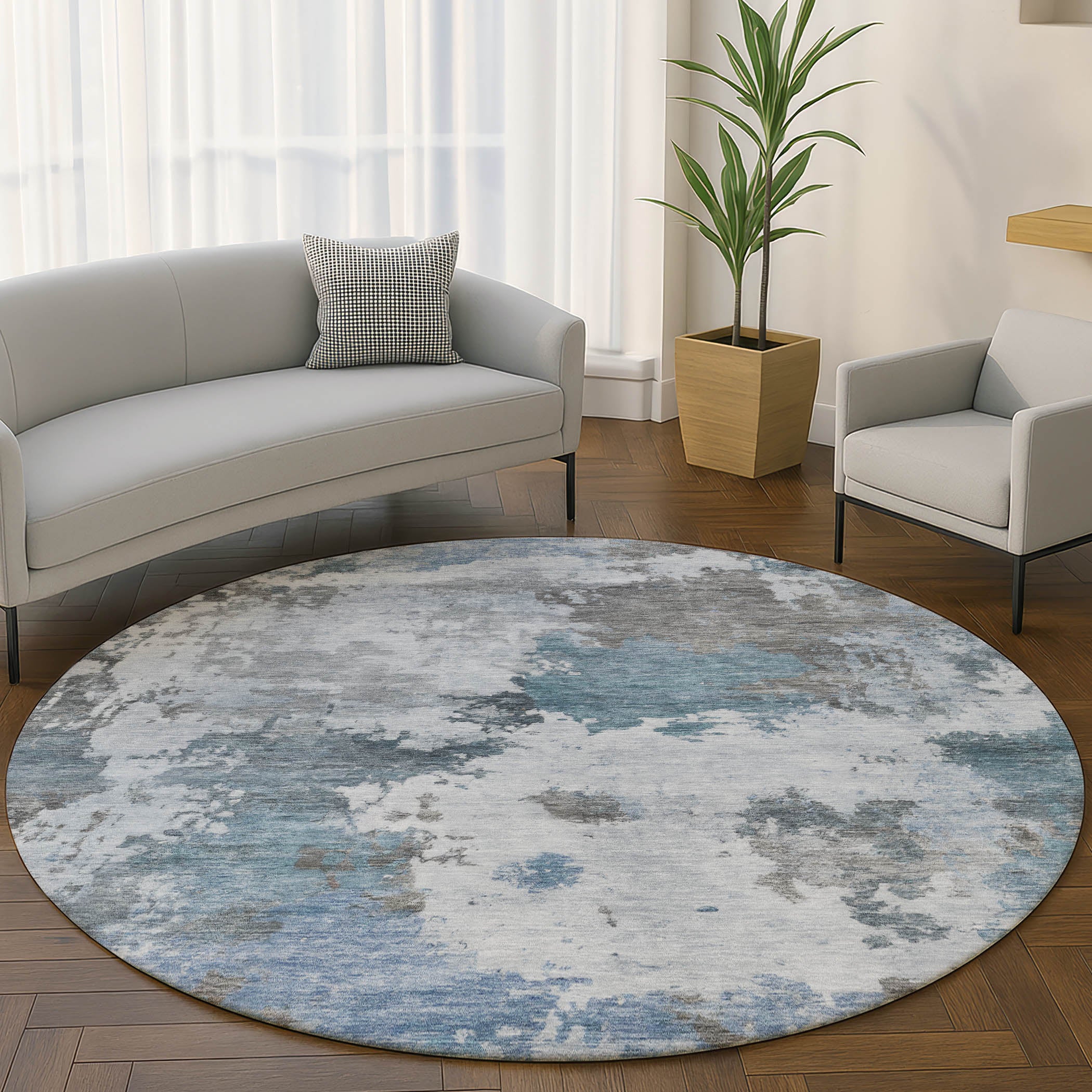 Chiang Mai Machine Washable Transitional Blue Rug 8' x 8' #shape_Round