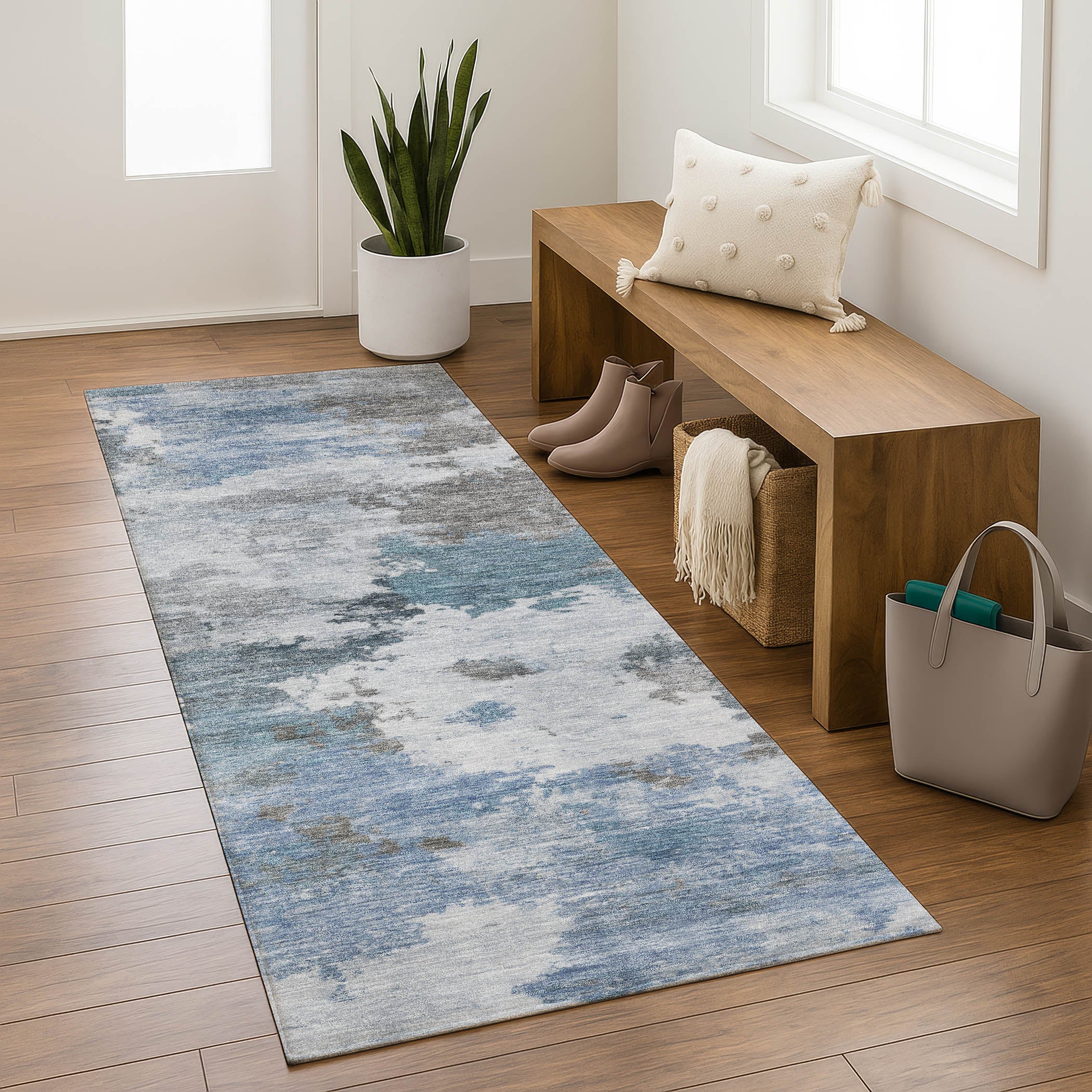 Chiang Mai Machine Washable Transitional Blue Rug 2'3" x 7'6" #shape_Runner