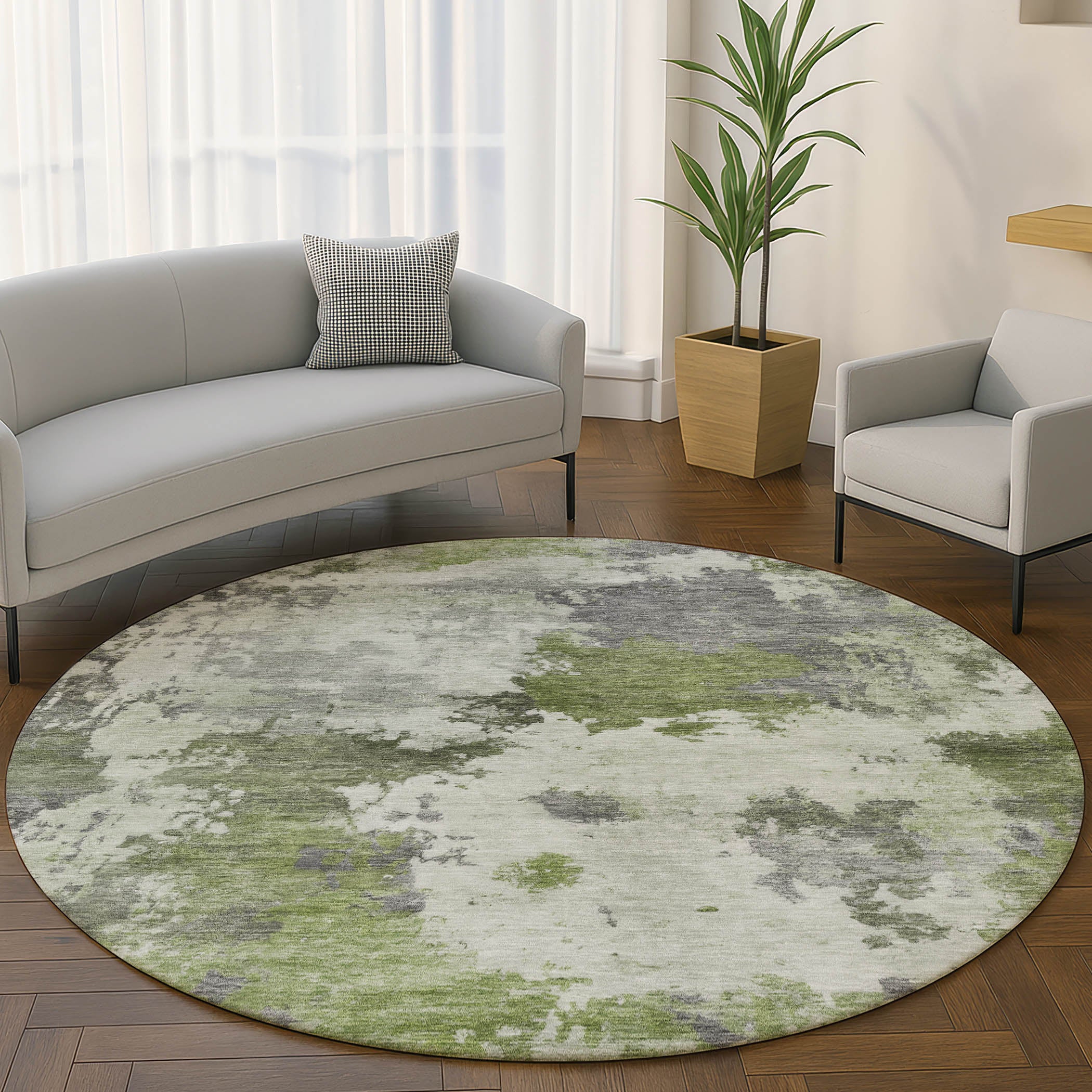 Chiang Mai Machine Washable Transitional Olive Green Rug 8' x 8' #shape_Round