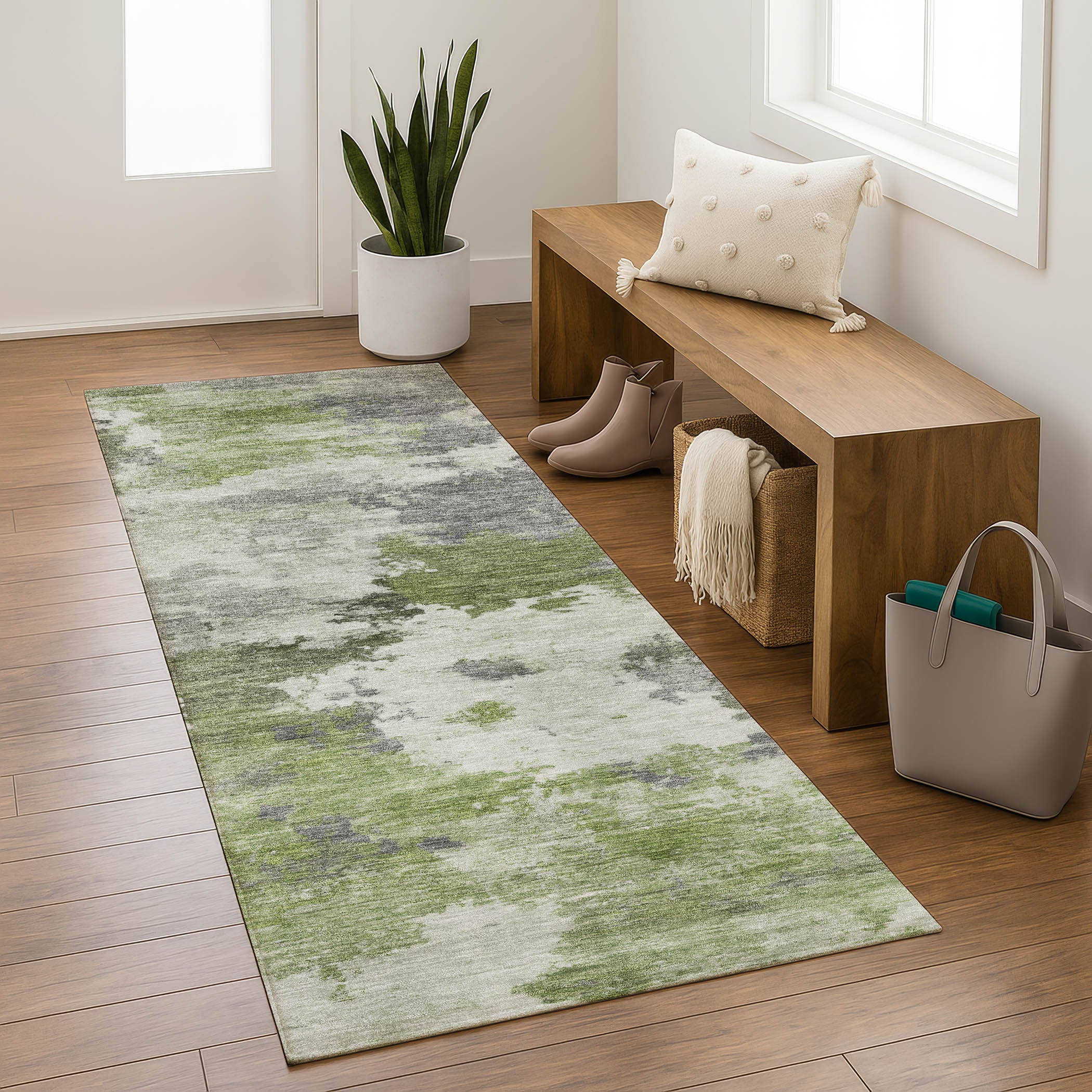Chiang Mai Machine Washable Transitional Olive Green Rug 2'3" x 7'6" #shape_Runner