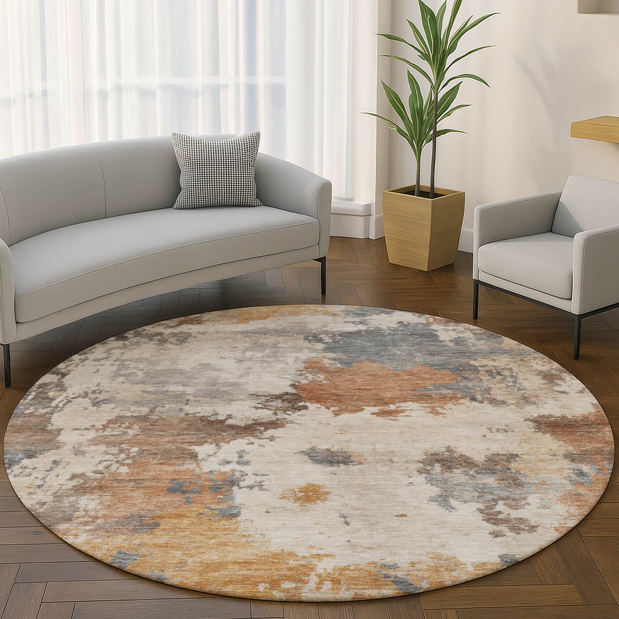Chiang Mai Machine Washable Transitional Paprika Orange Rug 8' x 8' #shape_Round