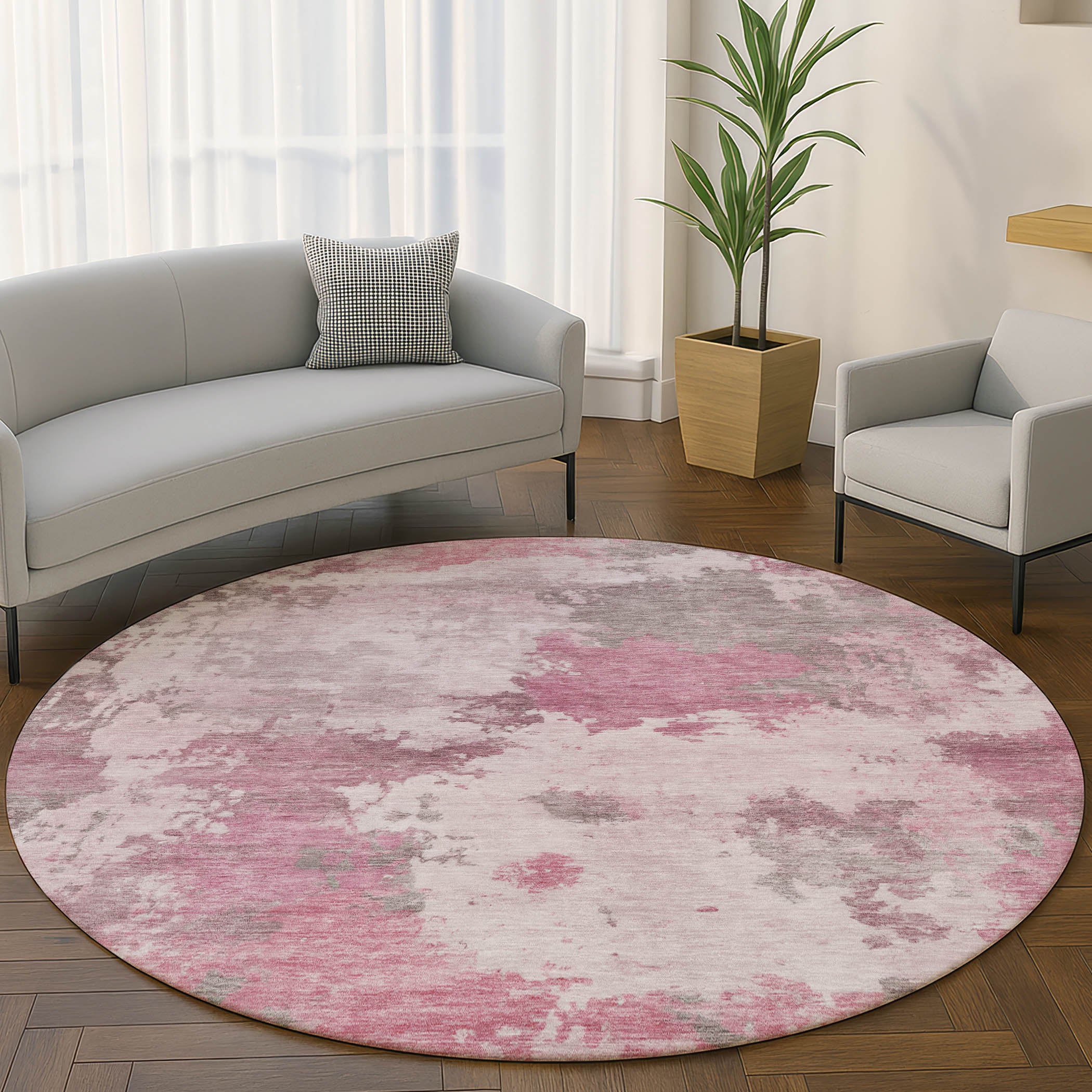 Chiang Mai Machine Washable Transitional Pink Rug 8' x 8' #shape_Round