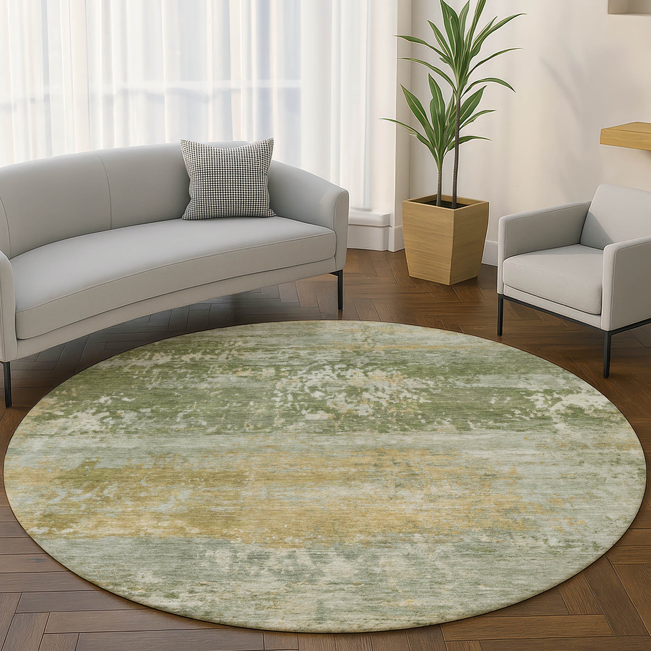 Florence Machine Washable Transitional Aloe Green Rug 8' x 8' #shape_Round