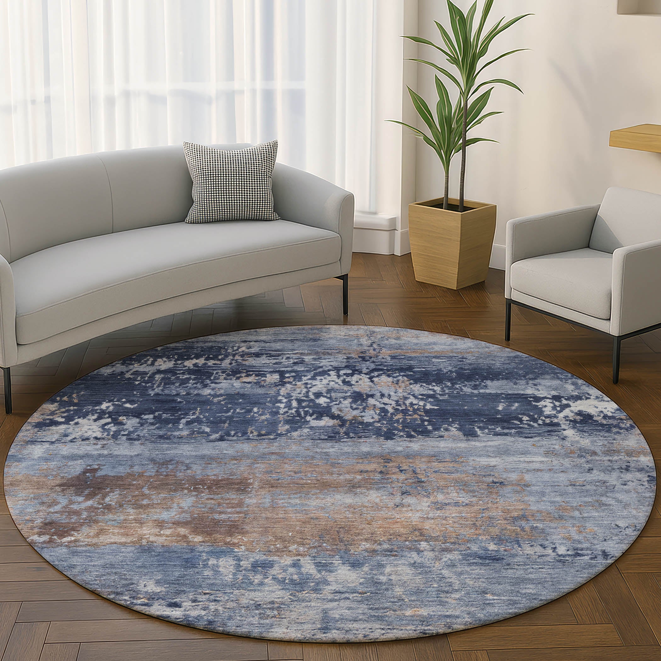 Florence Machine Washable Transitional Blue Rug 8' x 8' #shape_Round