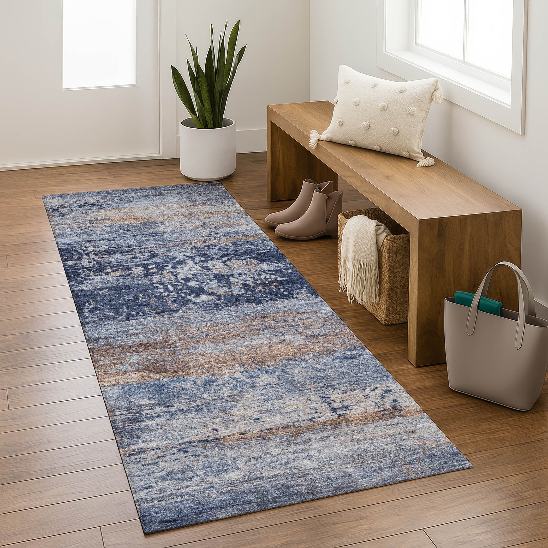 Florence Machine Washable Transitional Blue Rug 2'3" x 7'6" #shape_Runner
