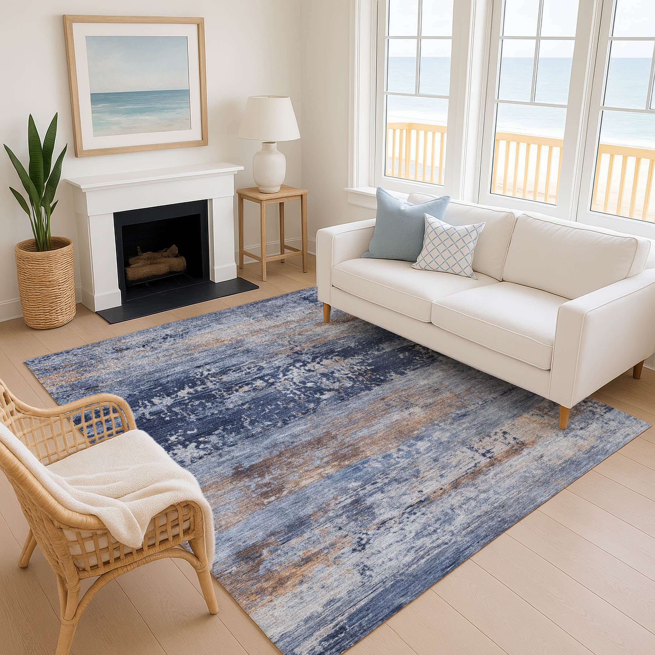 Florence Machine Washable Transitional Blue Rug 2'6" x 3'10" #shape_Rectangle