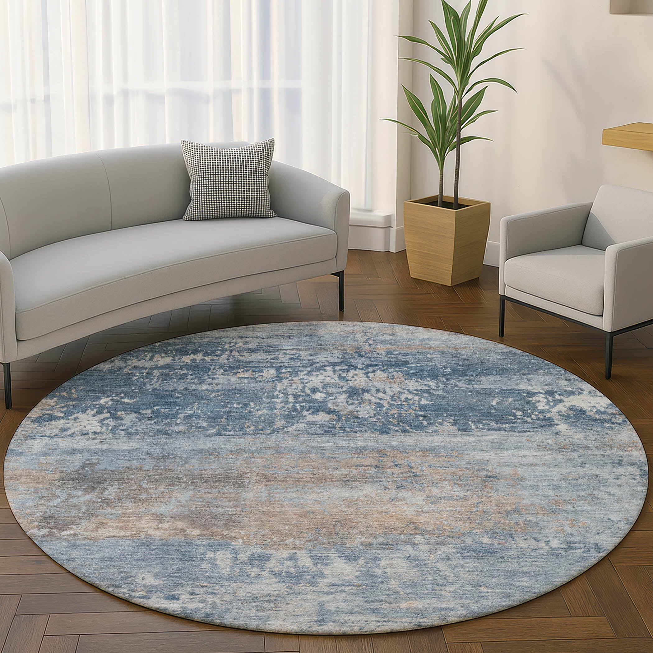 Florence Machine Washable Transitional Denim Blue Rug 8' x 8' #shape_Round