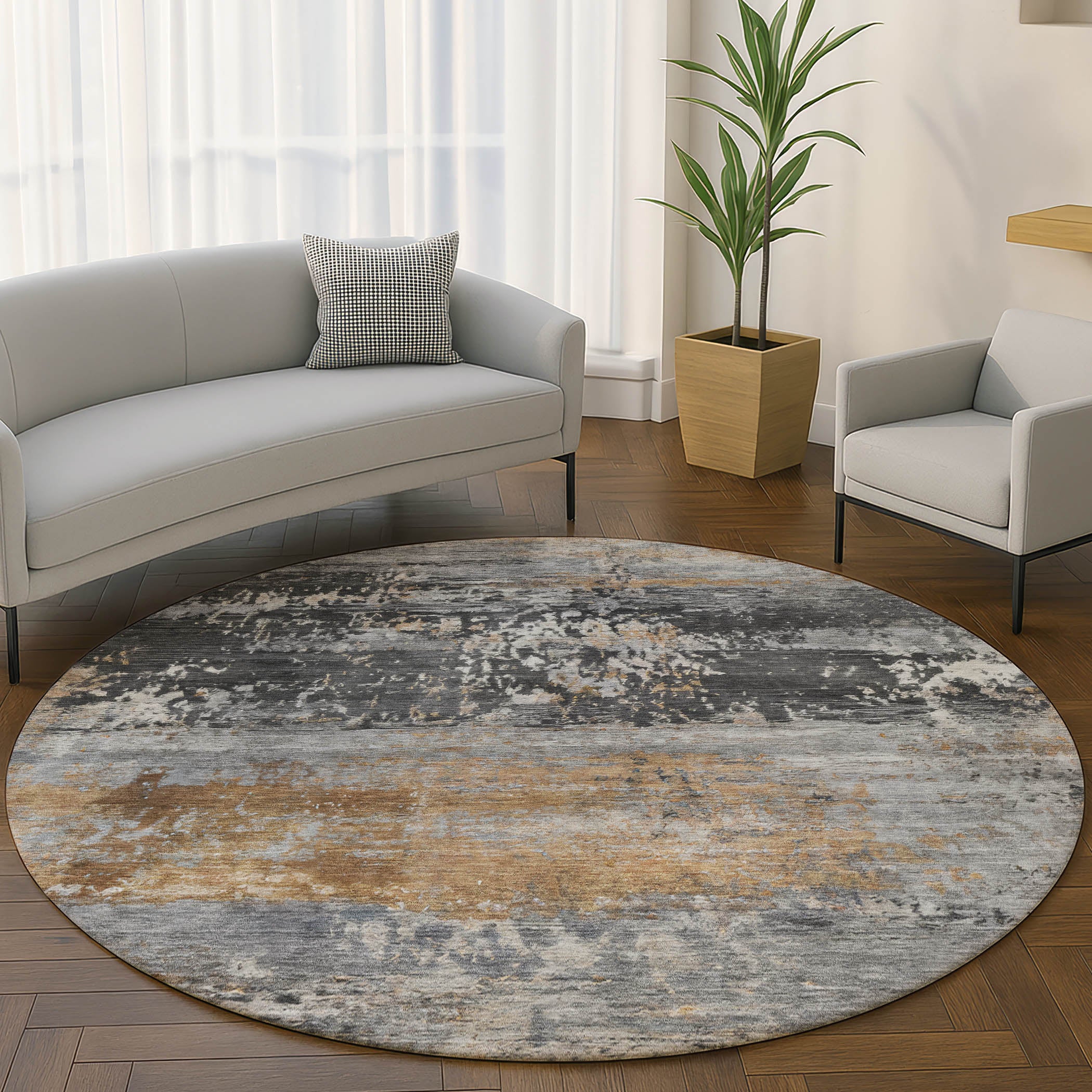 Florence Machine Washable Transitional Gray Rug 8' x 8' #shape_Round