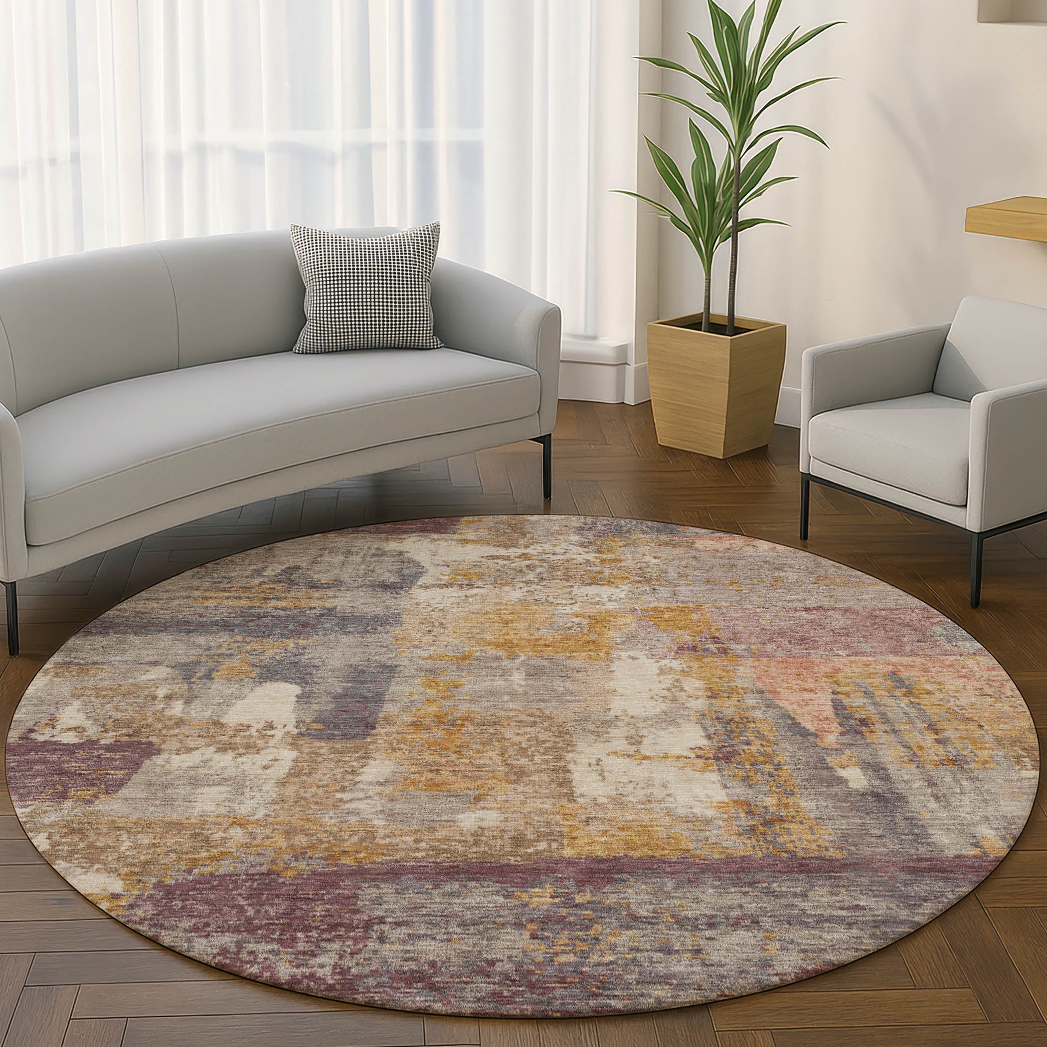 Lucerne Machine Washable Transitional Rust Orange Rug 8' x 8' #shape_Round