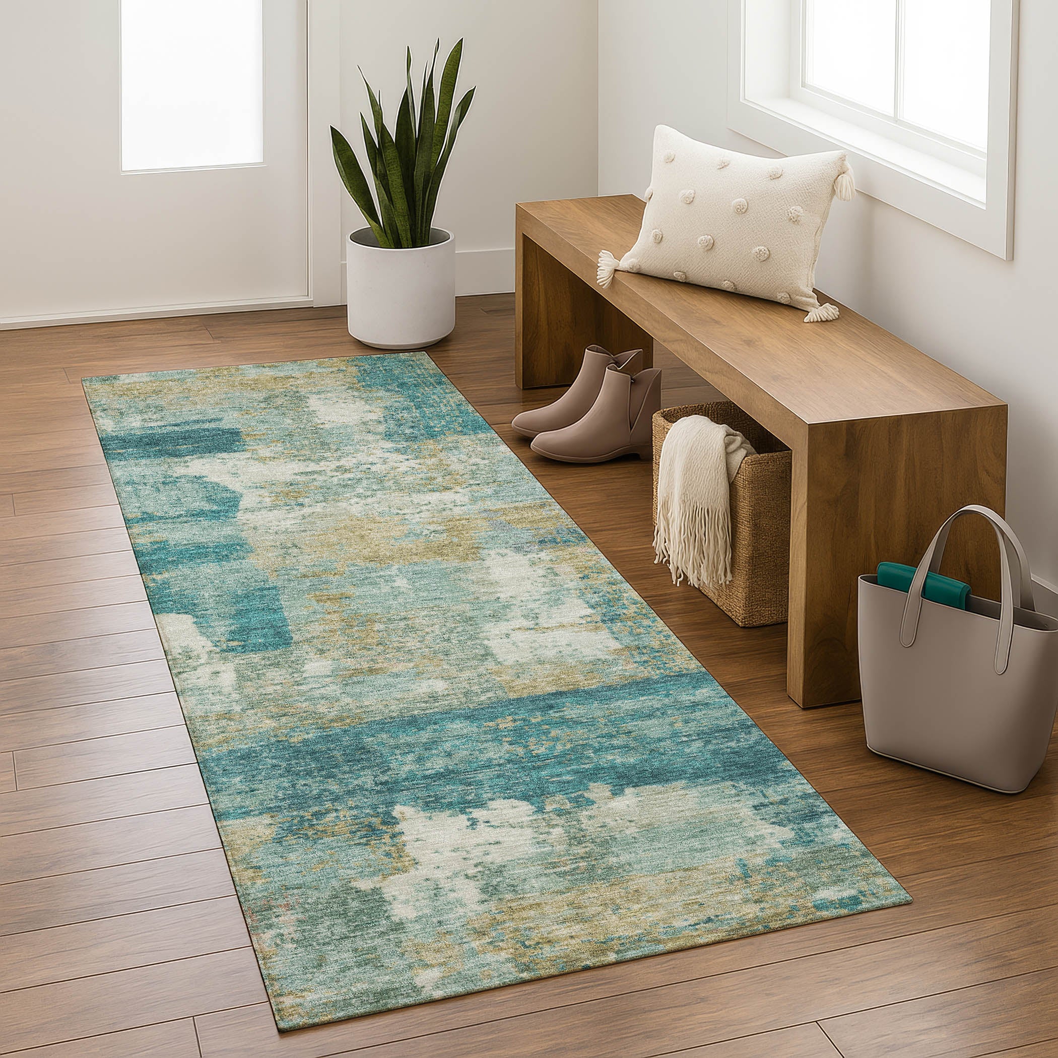 Lucerne Machine Washable Transitional Teal Rug 2'3" x 7'6" #shape_Runner