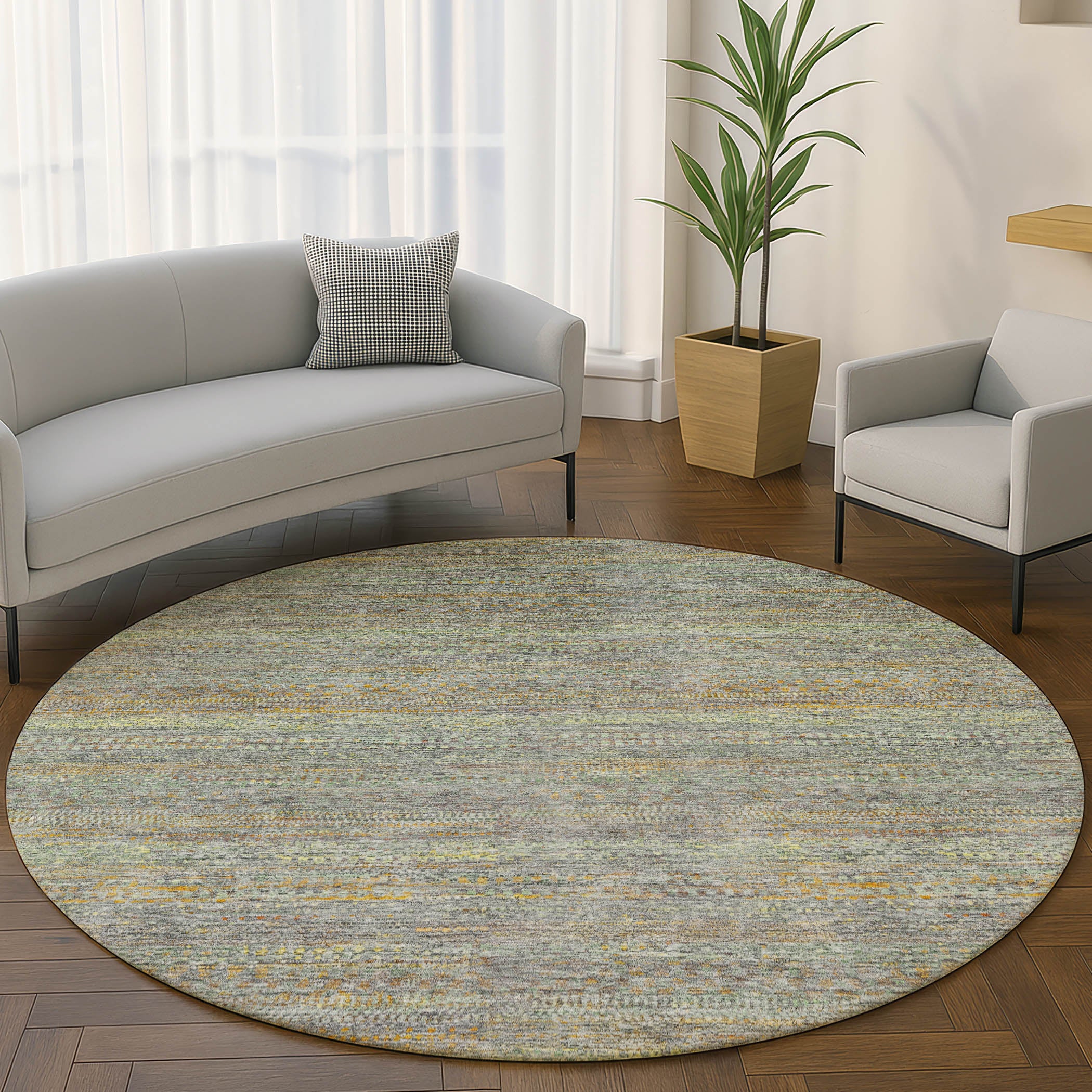 Santorini Machine Washable Transitional Gray Rug 8' x 8' #shape_Round
