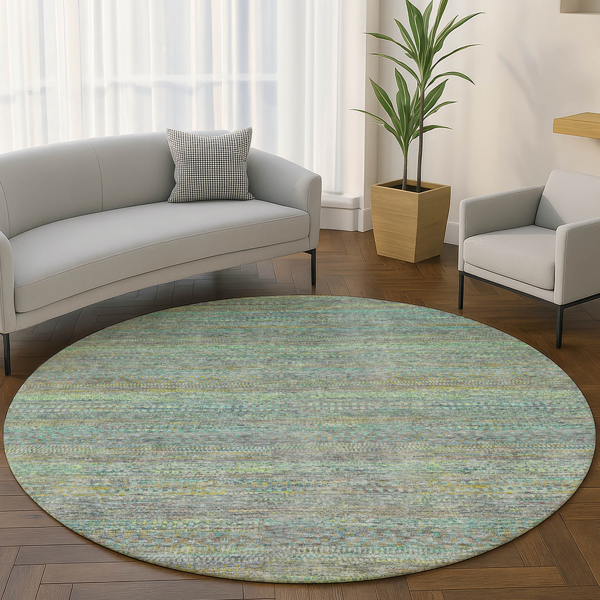 Santorini Machine Washable Transitional Pewter Gray Rug 8' x 8' #shape_Round