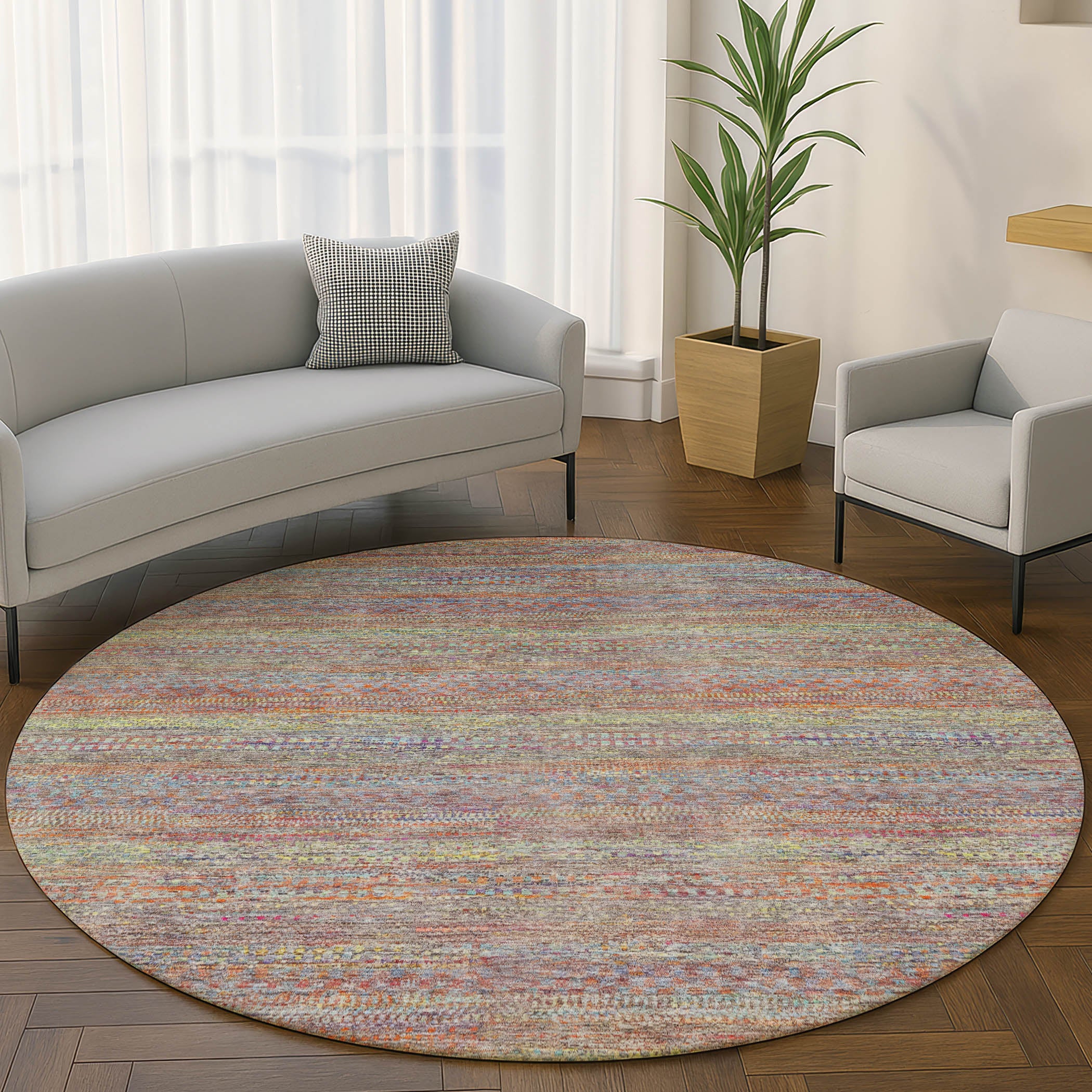 Santorini Machine Washable Transitional Terracotta Orange Rug 8' x 8' #shape_Round