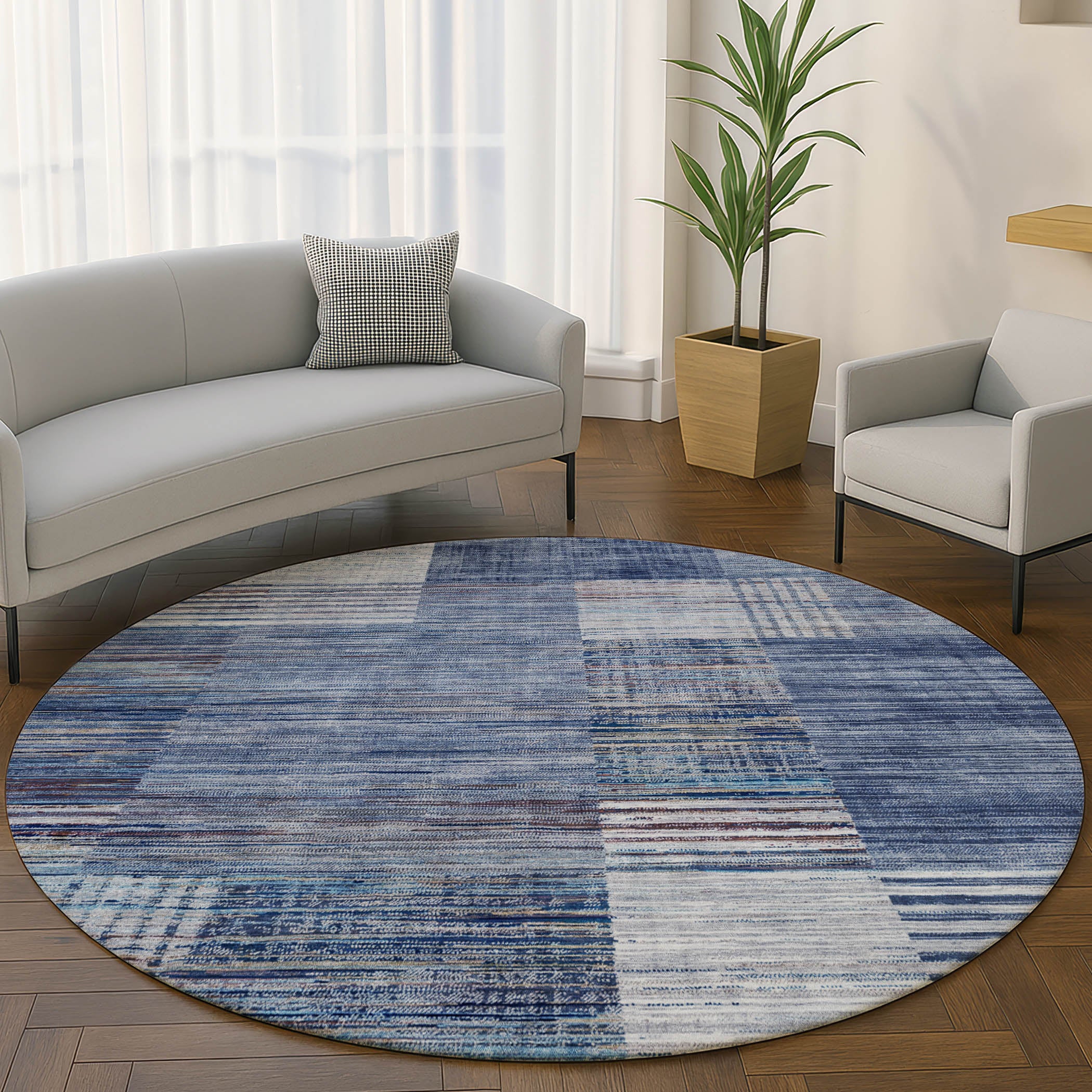 Porto Machine Washable Transitional Blue Rug 8' x 8' #shape_Round