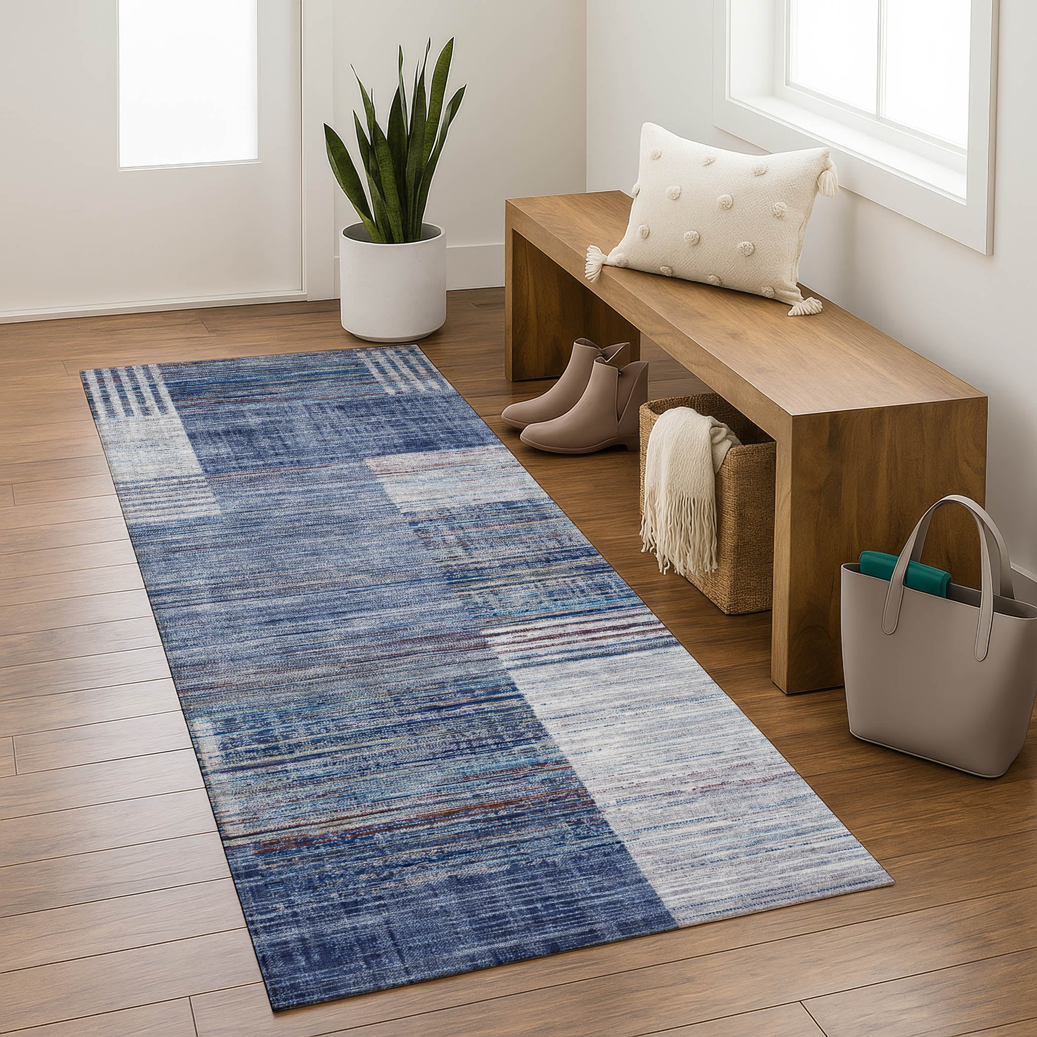 Porto Machine Washable Transitional Blue Rug 2'3" x 7'6" #shape_Runner
