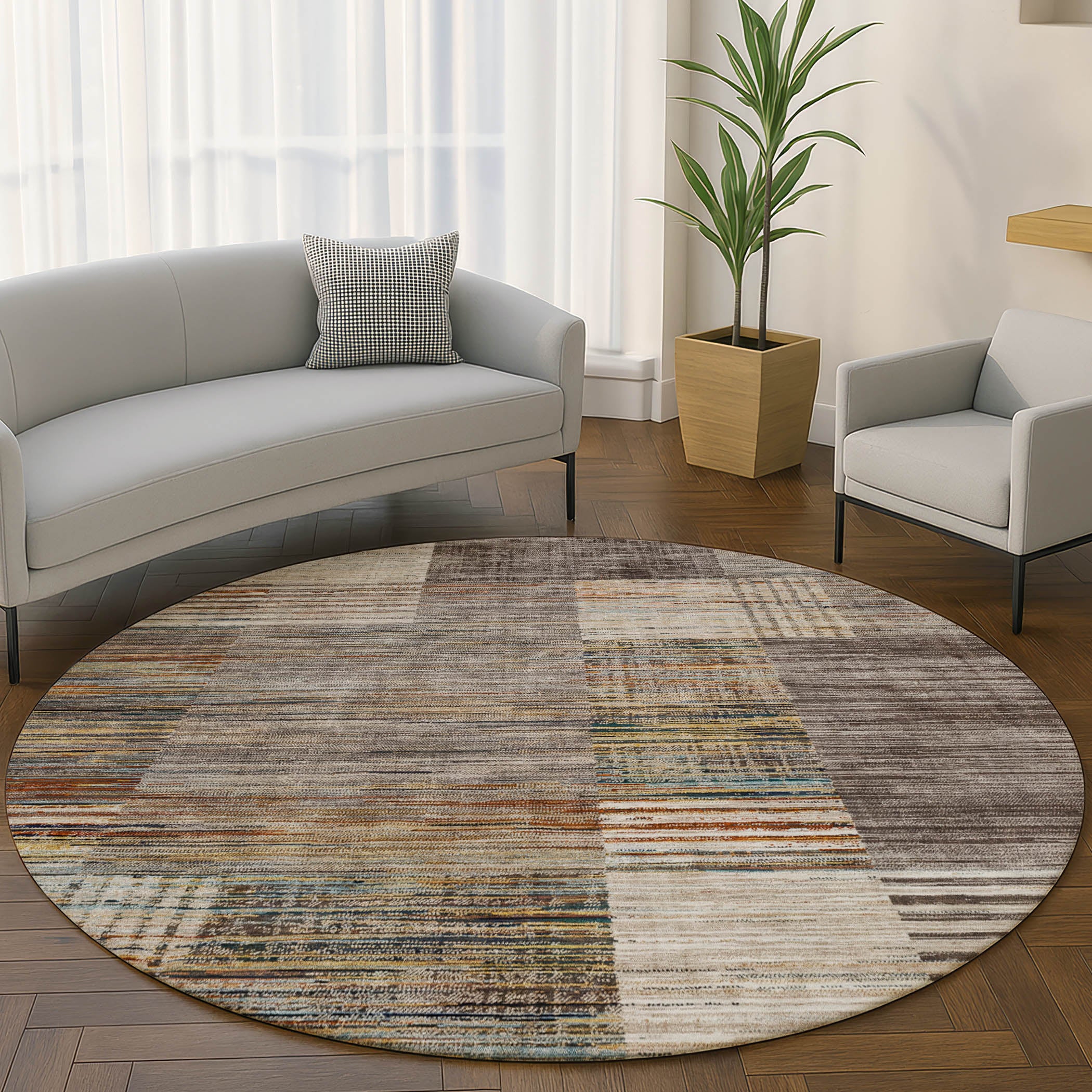 Porto Machine Washable Transitional Taupe Brown Rug 8' x 8' #shape_Round