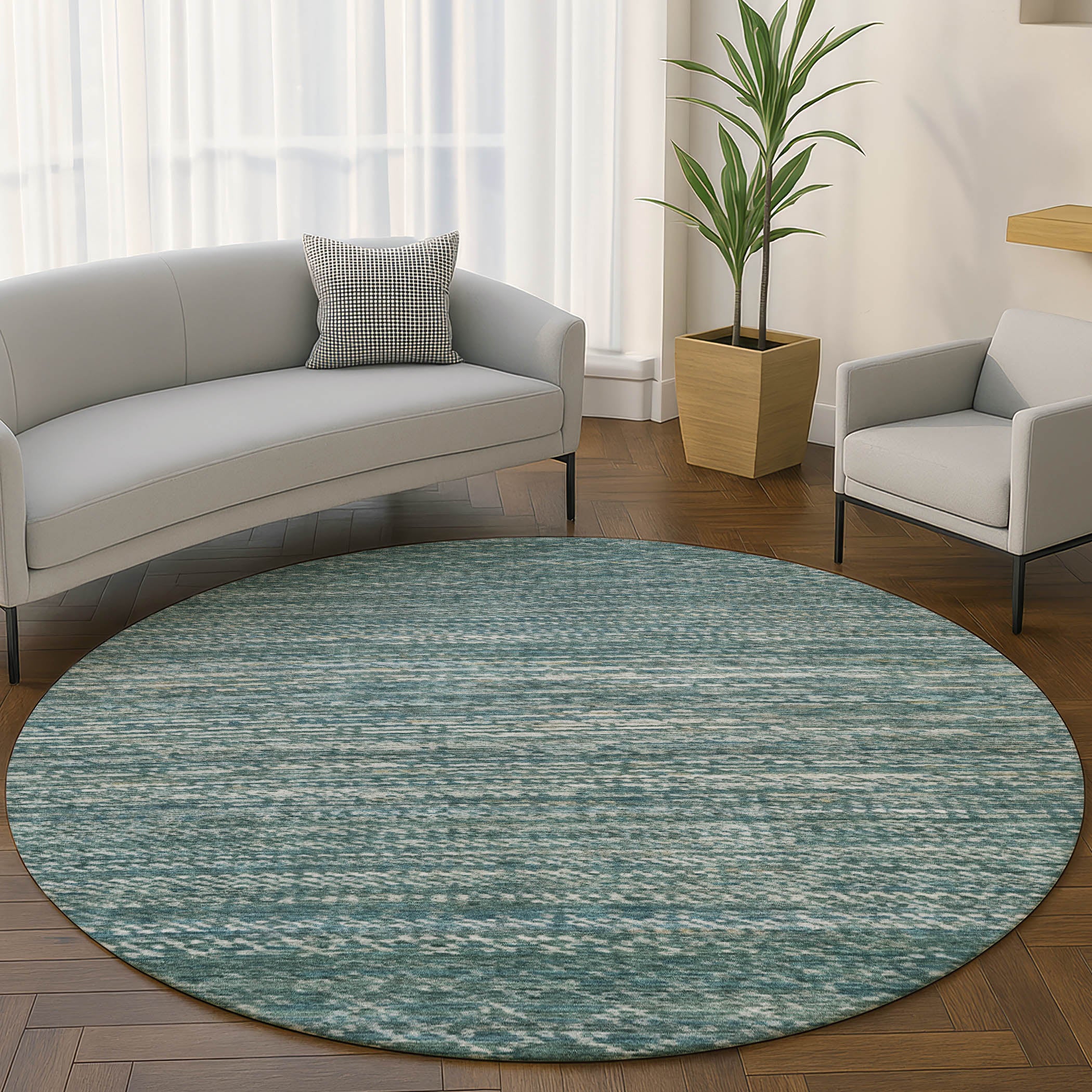 Sintra Machine Washable Transitional Teal Rug 8' x 8' #shape_Round