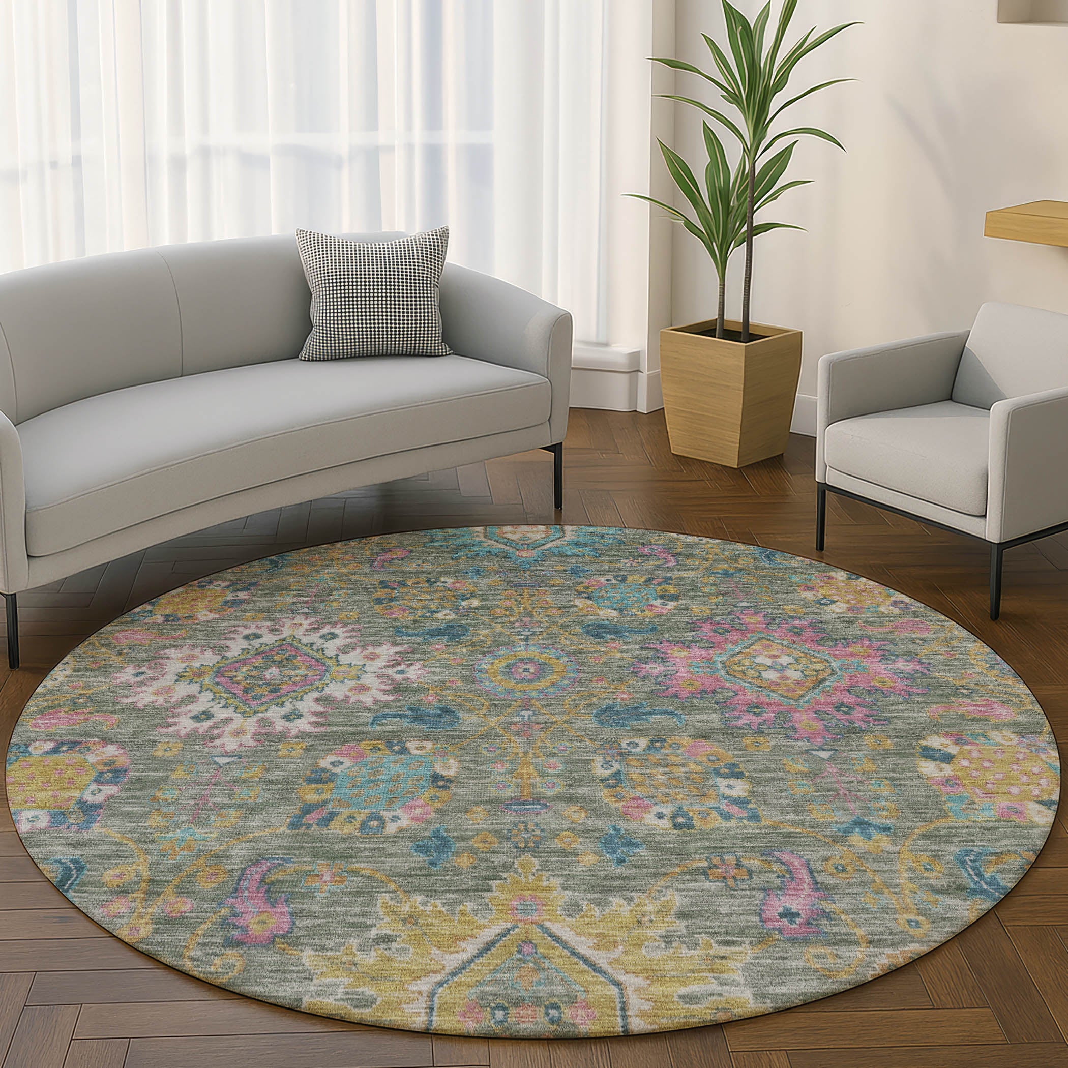 Cusco Machine Washable Traditional Aloe Green Rug 8' x 8' #shape_Round