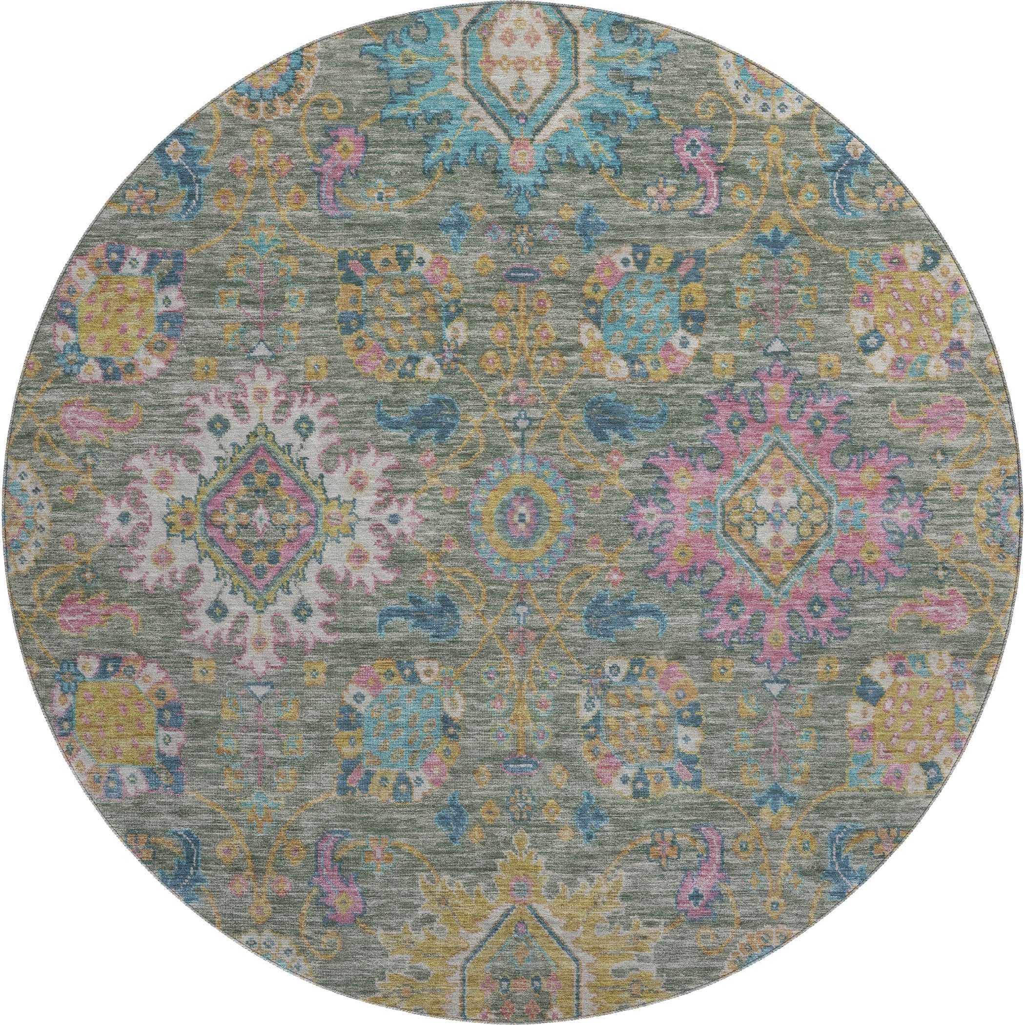 Cusco Machine Washable Traditional Aloe Green Rug 8' x 8' #shape_Round