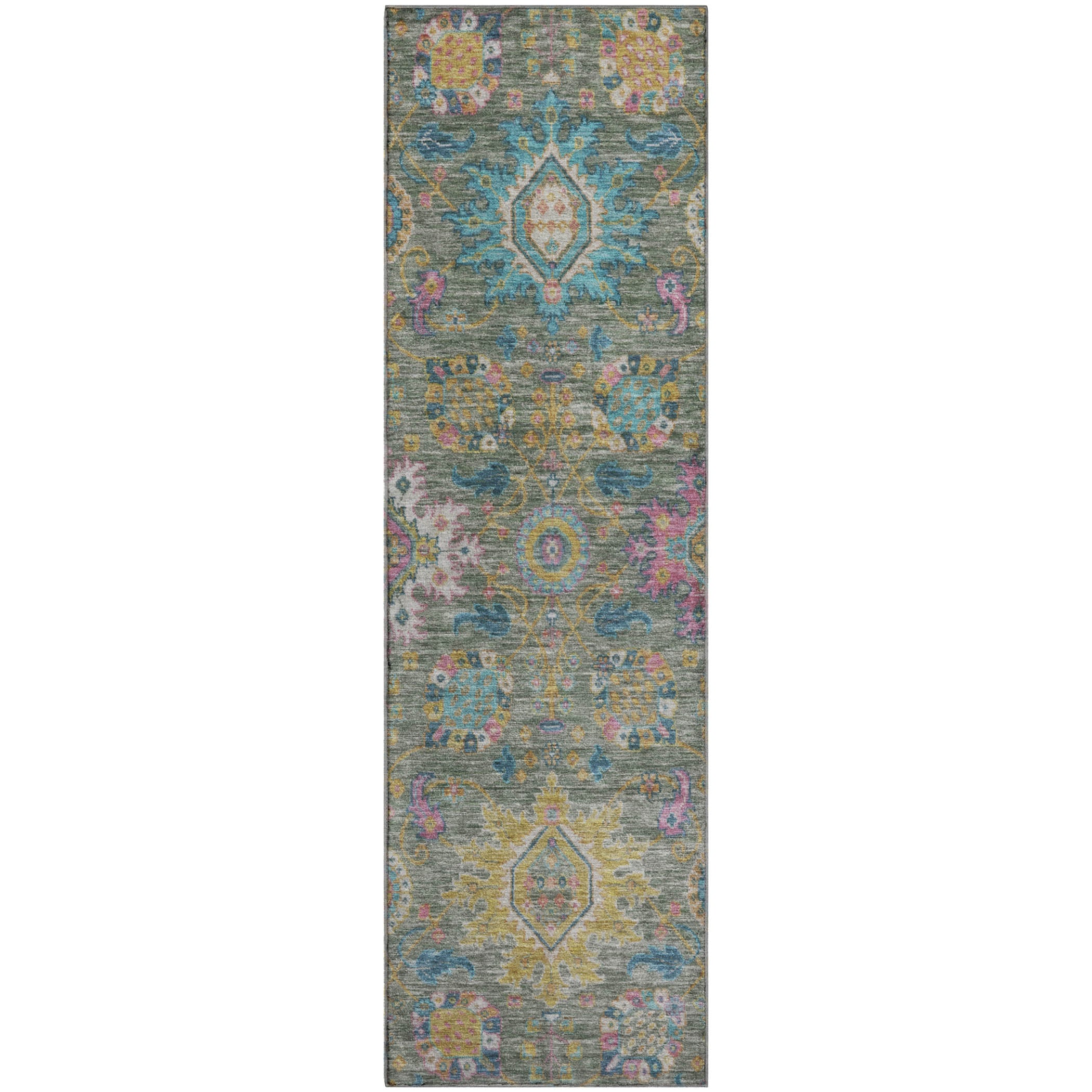 Cusco Machine Washable Traditional Aloe Green Rug 2'3" x 7'6" #shape_Runner