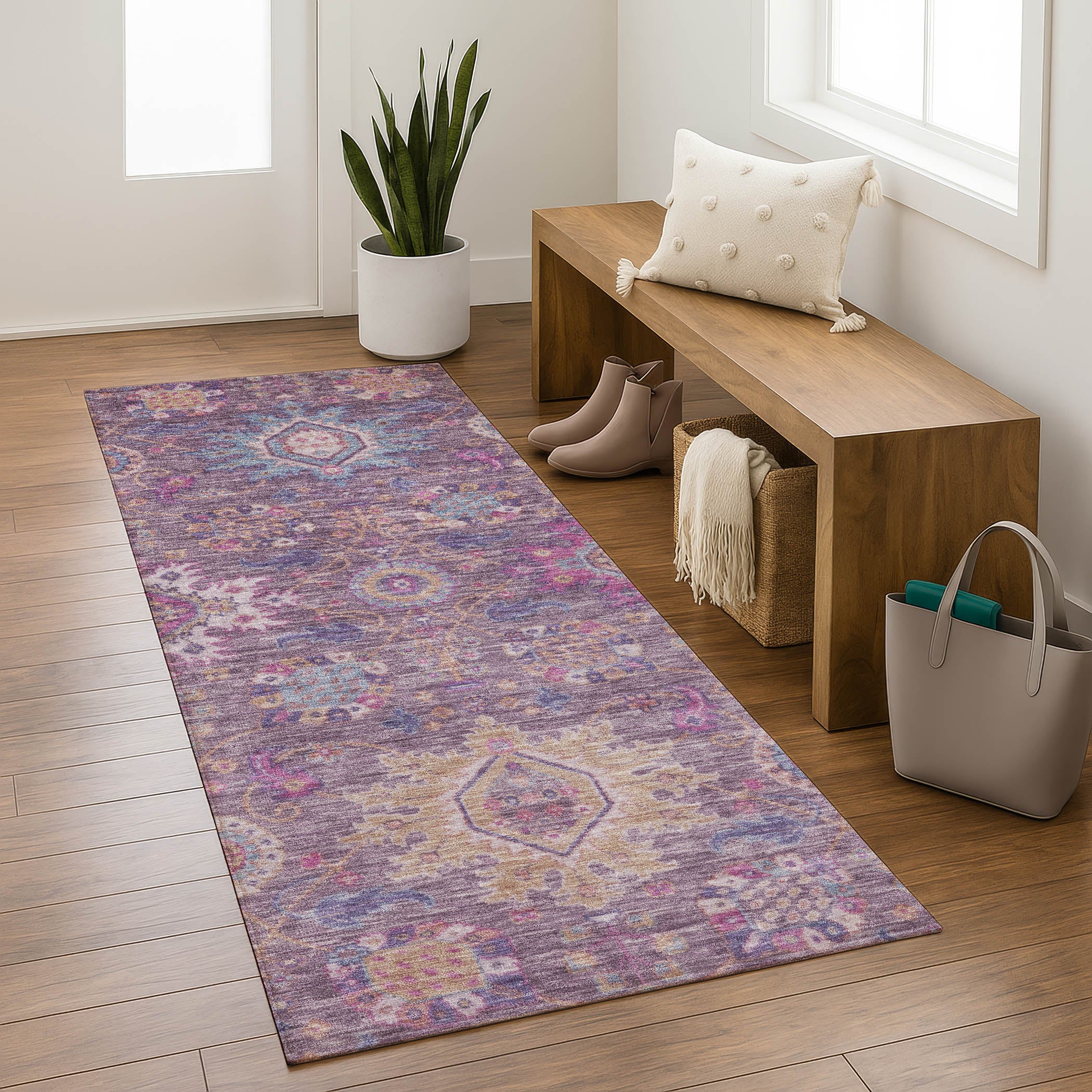 Cusco Machine Washable Traditional Eggplant Purple Rug 2'3" x 7'6" #shape_Runner