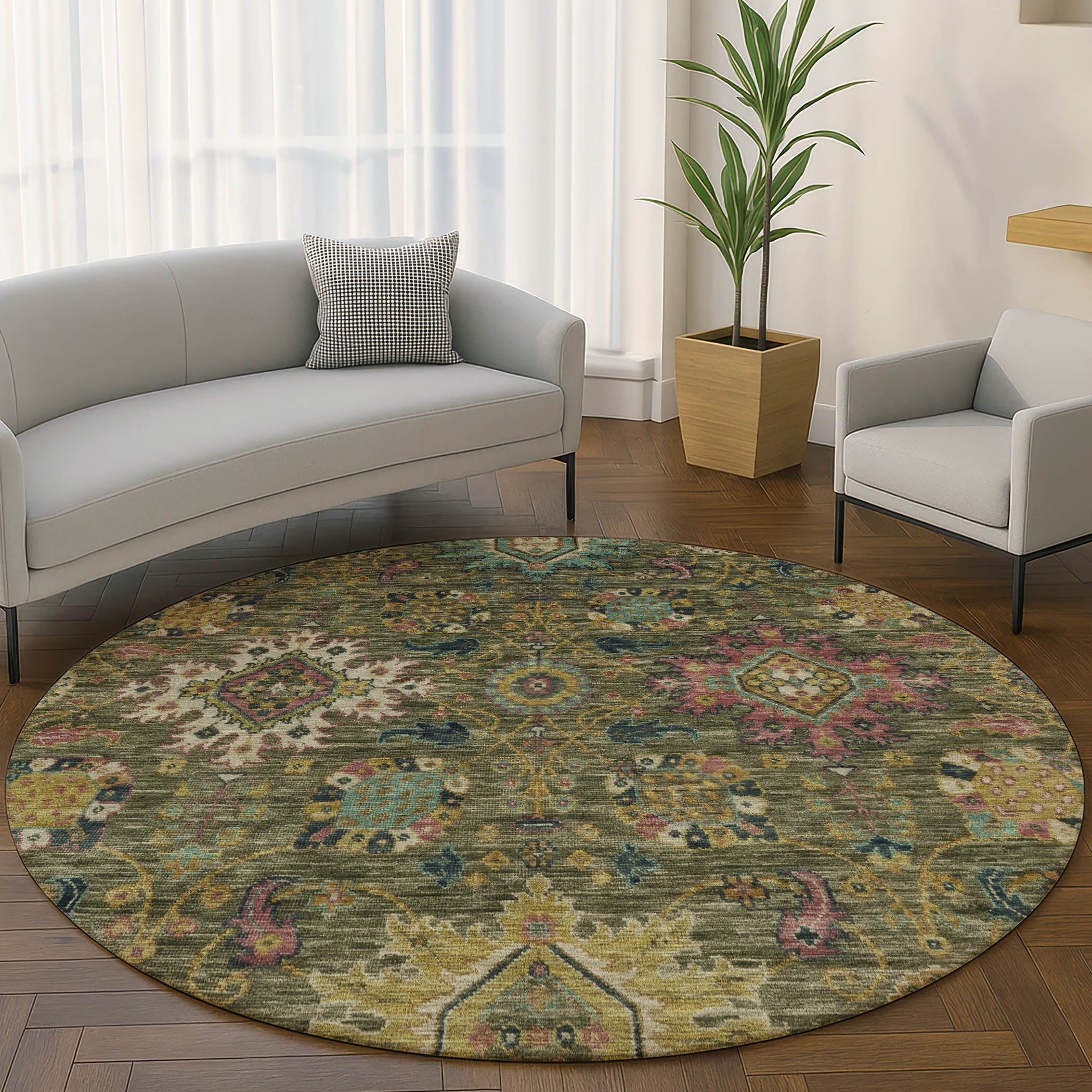 Cusco Machine Washable Traditional Olive Green Rug 8' x 8' #shape_Round