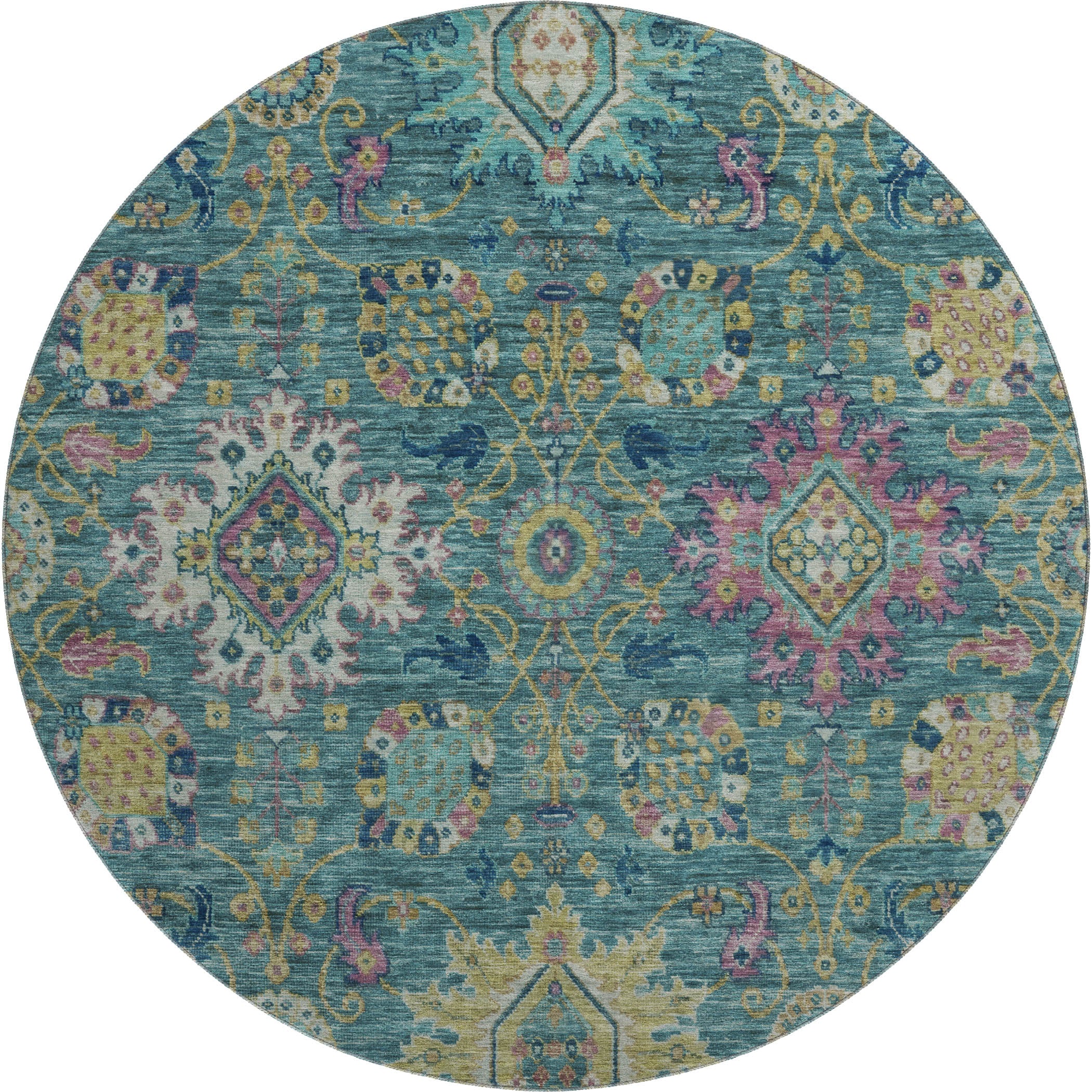 Cusco Machine Washable Traditional Teal Rug 8' x 8' #shape_Round