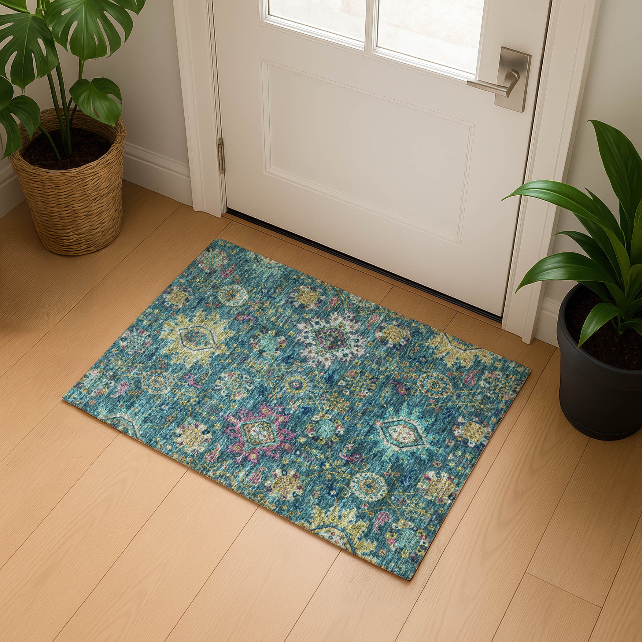Cusco Machine Washable Traditional Teal Rug 1'8" x 2'6" #shape_Rectangle