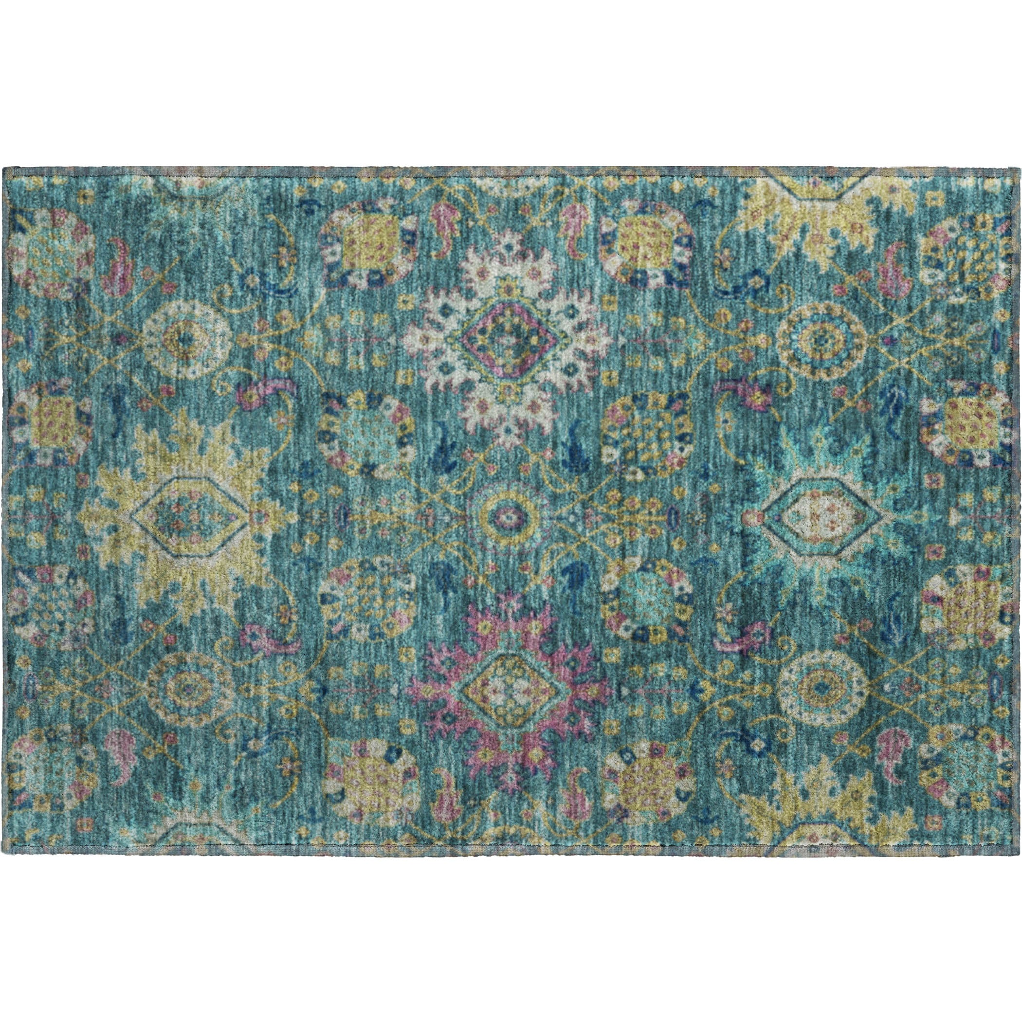 Cusco Machine Washable Traditional Teal Rug 1'8" x 2'6" #shape_Rectangle
