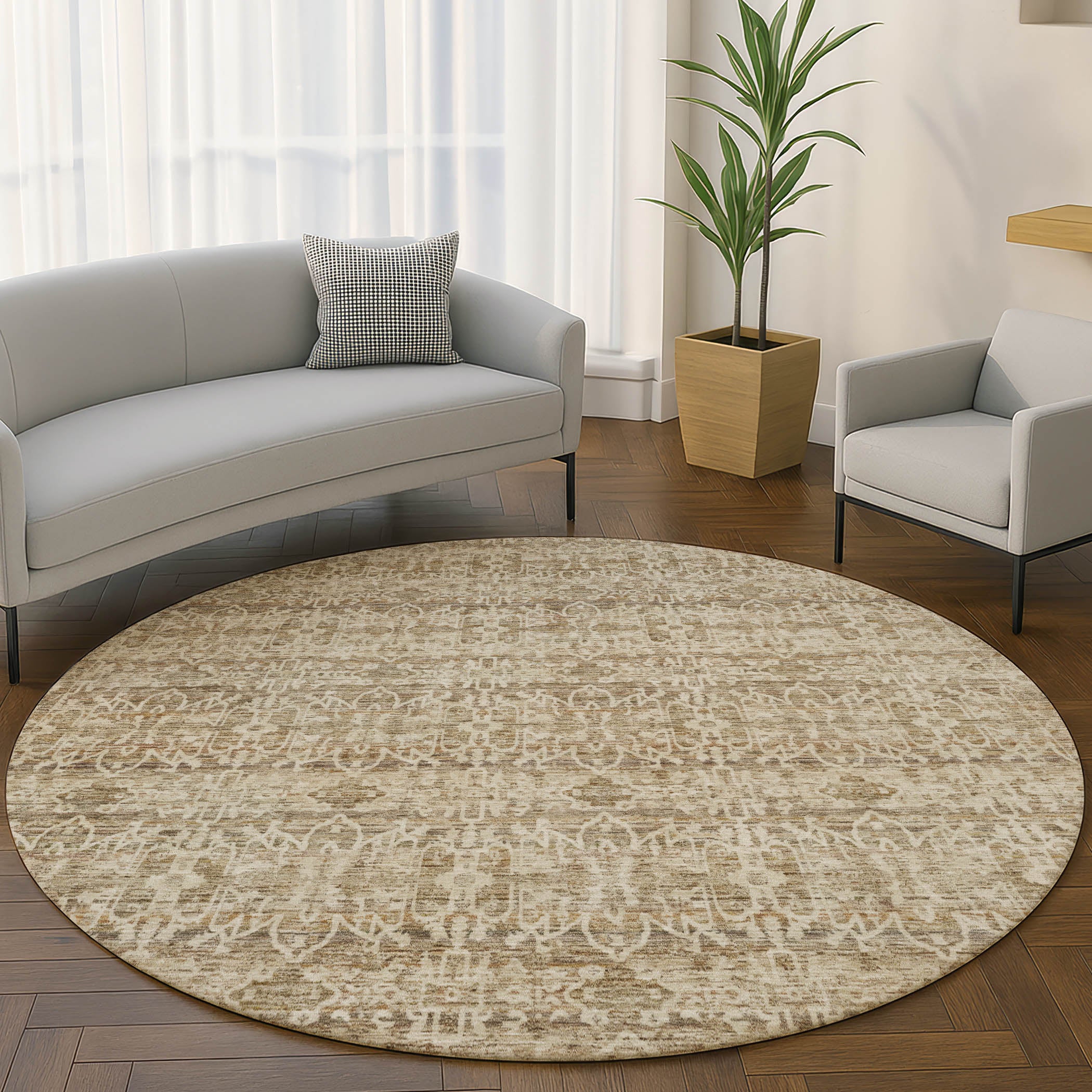 Hoi An Machine Washable Transitional Brown Rug 8' x 8' #shape_Round