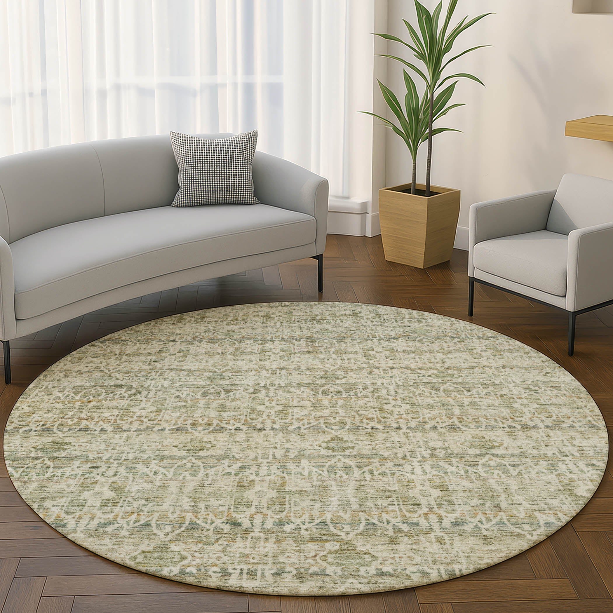 Hoi An Machine Washable Transitional Sage Green Rug 8' x 8' #shape_Round