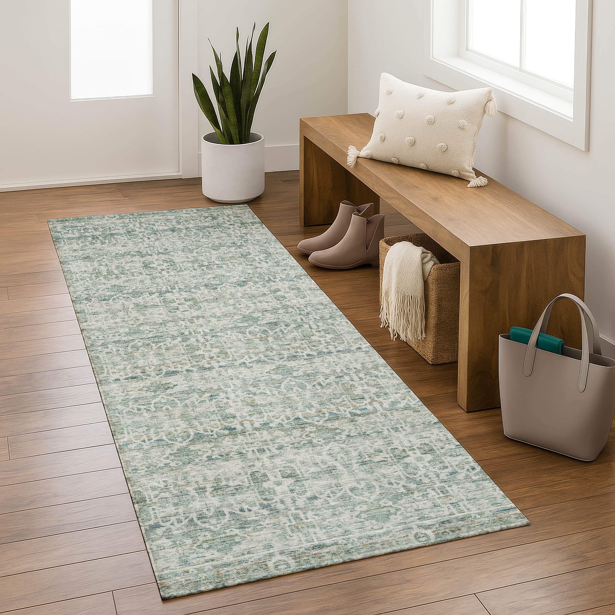 Hoi An Machine Washable Transitional Teal Rug 2'3" x 7'6" #shape_Runner