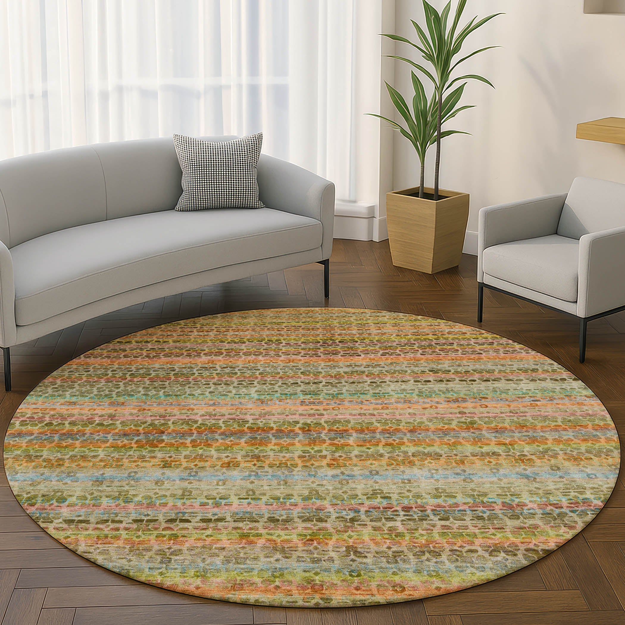 Tbilisi Machine Washable Transitional Coral Orange Rug 8' x 8' #shape_Round