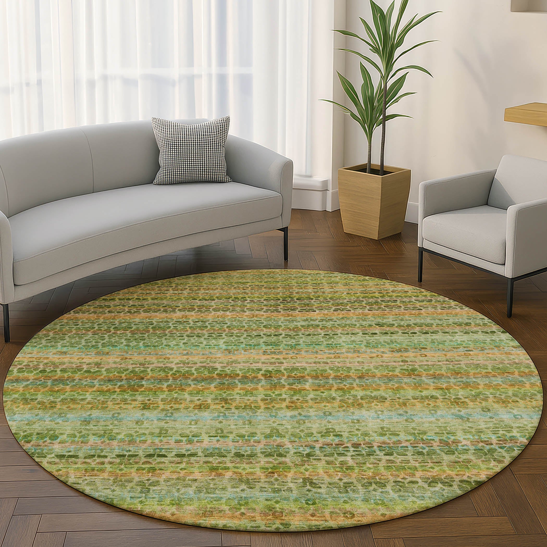 Tbilisi Machine Washable Transitional Green Rug 8' x 8' #shape_Round
